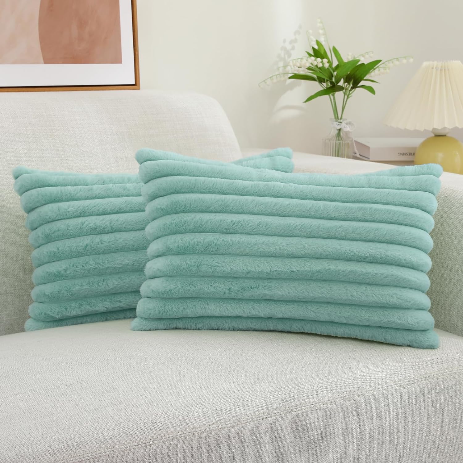 decorUhome Faux Fur Cushion Covers 30x50 cm Set of 2, Decorative Soft Plush Striped Neutral Pillow case 12X20 Inch with Velvet Back for Sofa, Bed, Living Room Home Decor, Aqua