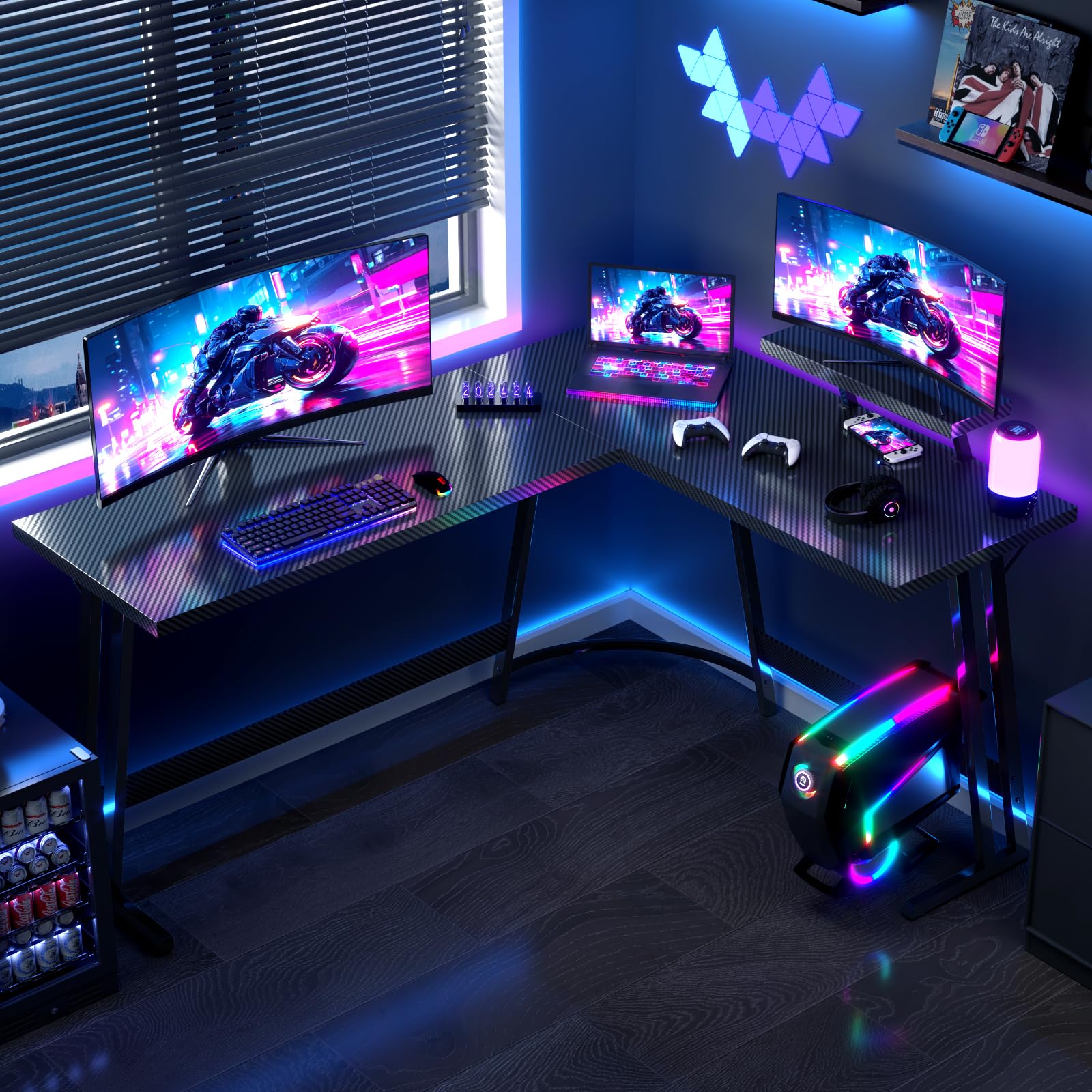 JUMMICO Escritorio Gaming de Esquina 170 x 130cm, Mesa Gaming en L con Soporte para Monitor, Mesa Gamer de Fibra de Carbono, Negro