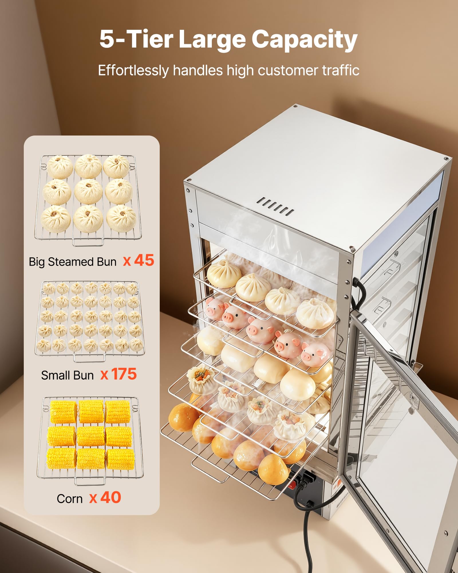 VEVOR Espositore Scaldavivande Commerciale a 5 Ripiani, Espositore Scaldavivande da 1200 W con Luce LED, Ripiano Regolabile e Struttura in Acciaio Inossidabile da 120 L per Hamburger, Pizza, Pane
