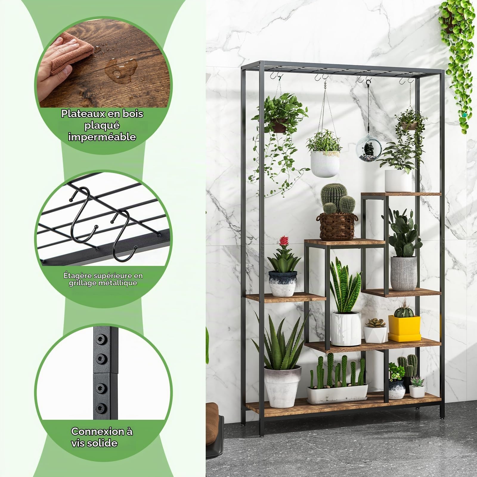 GOPLUS Support Plantes Intérieur avec 6 Étagères, Porte Plante Intérieur pour Pots de Fleurs, 10 Crochets, Étagère à Fleur en Bois et en Métal, Idéal pour Balcon, Salon, 100 x 30 x 180 CM (Marron)