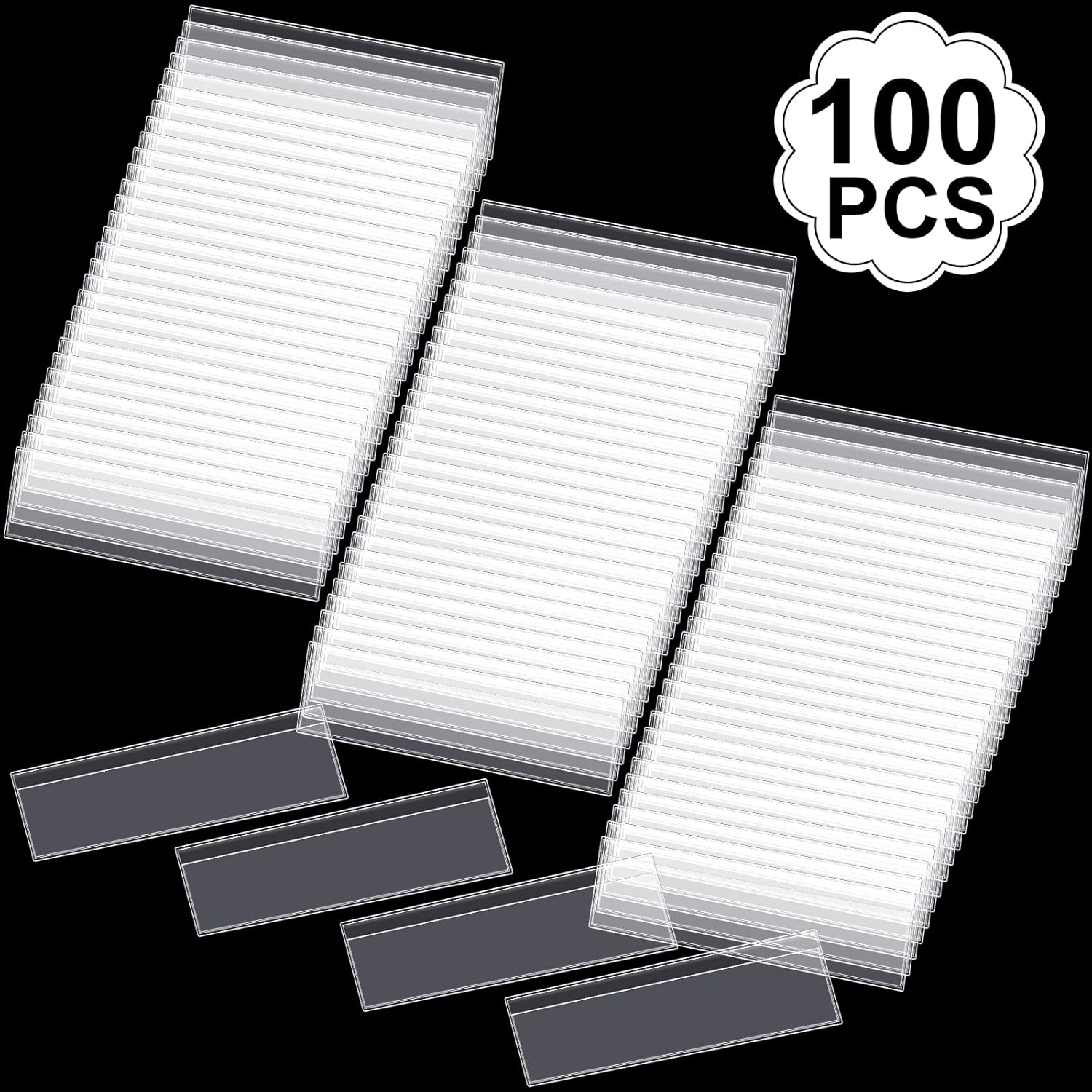 100 Pcs Label Holders for Shelves Stick Shelf Label Holder Clear Self Adhesive Price Shelf Label Tag Holders for Shelves Supermarket School Library, 4.72 x 1.18 Inch (Label Paper Insert Not Included) : Office Products