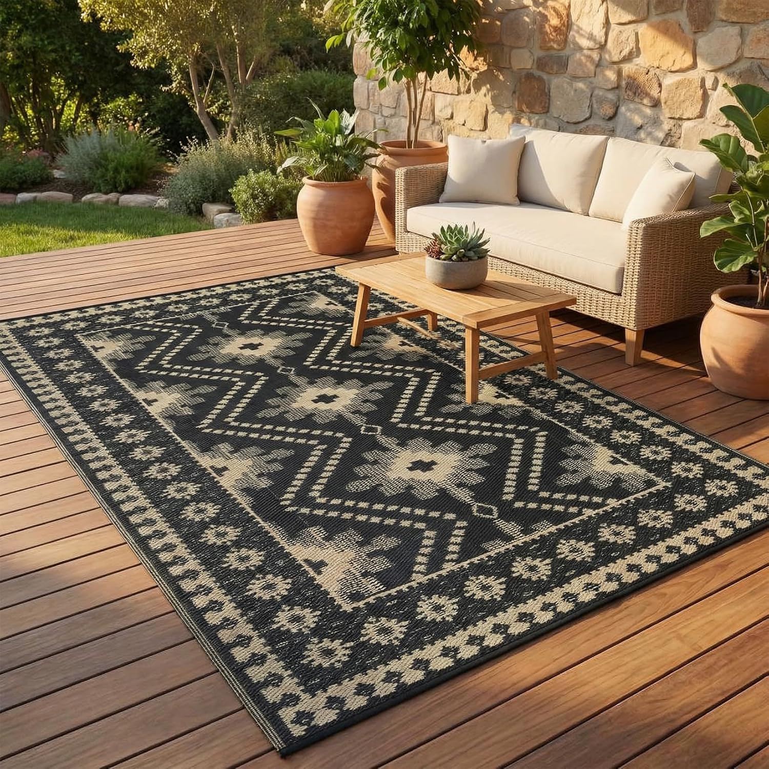 8x10 Brown Outdoor Rug, Waterproof Plastic Straw Reversible Ethnic Geometric Patio Mat, Symmetrical Tribal Pattern Washable RV Camping Carpet, Foldable Portable Deck Rug for Picnic Backyard