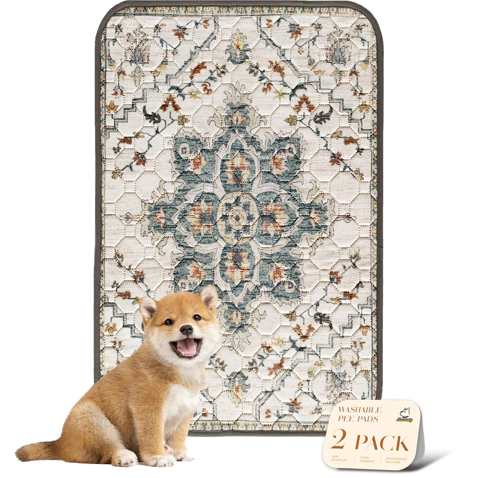 nunubaby Washable Pee Pads for Dogs, Stylish, Non-Slip and Leak-Proof Pee Pads. Reusable Potty Pads for Dogs for Crates and Floors.(Beige/Floral, 24" x36" )