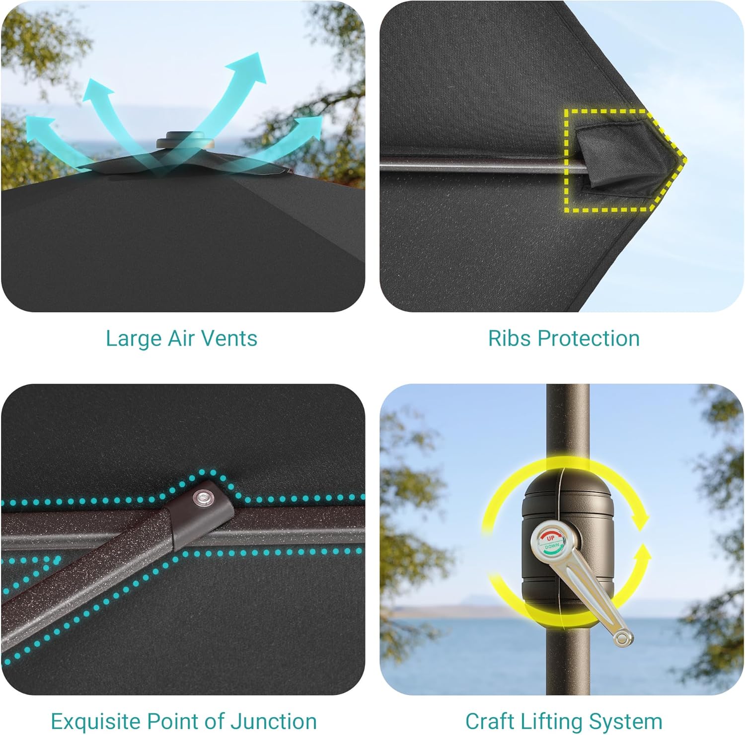 Rectangle Patio Umbrella with Solar Lights, 10x6.5ft Aluminum Outdoor Rectangular Table Market Umbrella Patio with Push Button Tilt and Crank for Pool, Deck, Garden,Backyard