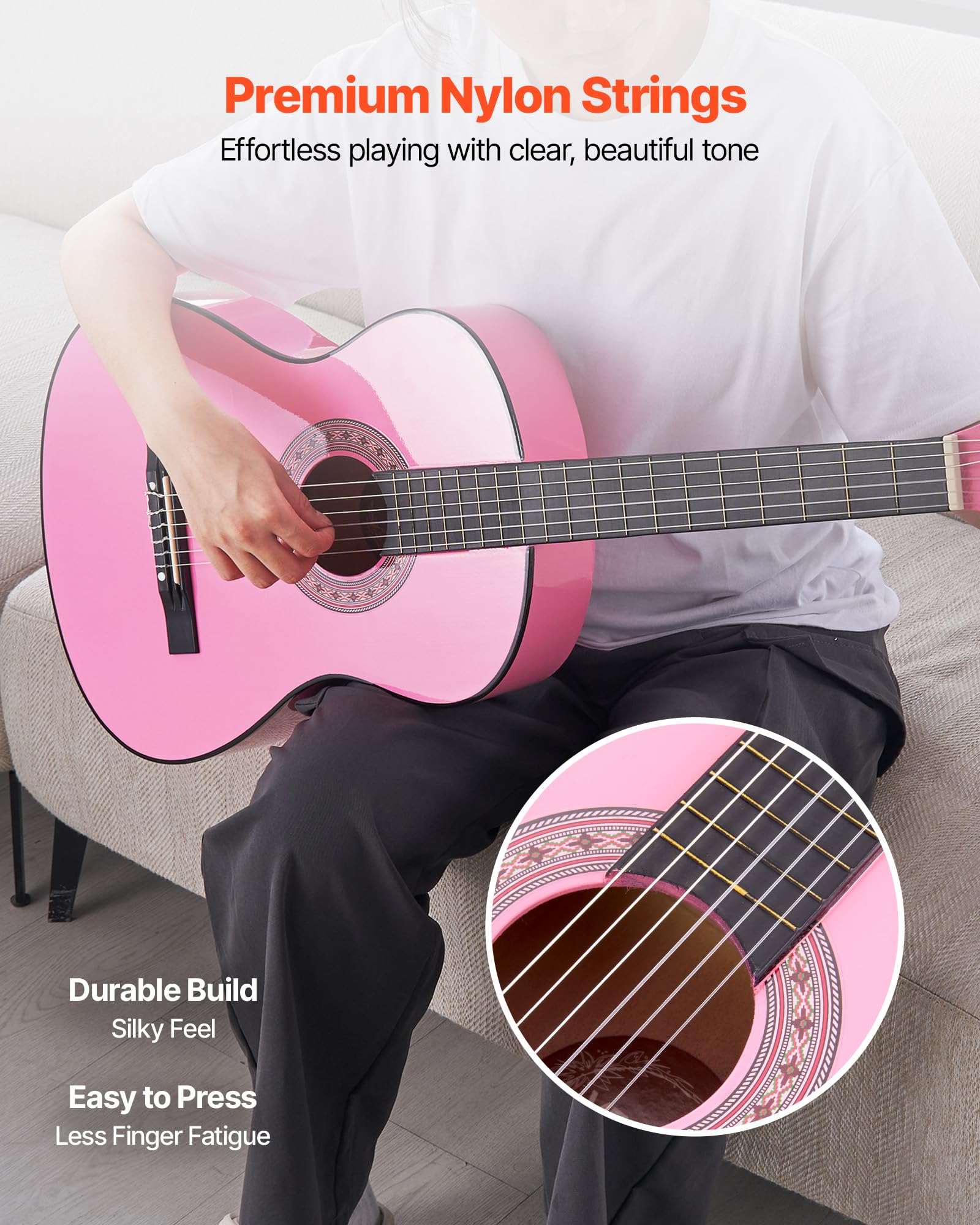 VEVOR Guitarra Clásica, Kit de Guitarra Clásica de Madera de 960 mm con Cuerdas de Nailon, Funda, Correa, Afinador, Cuerdas Adicionales, Púas, Cejilla, Madera de Tilo, para Estudiantes, Rosa