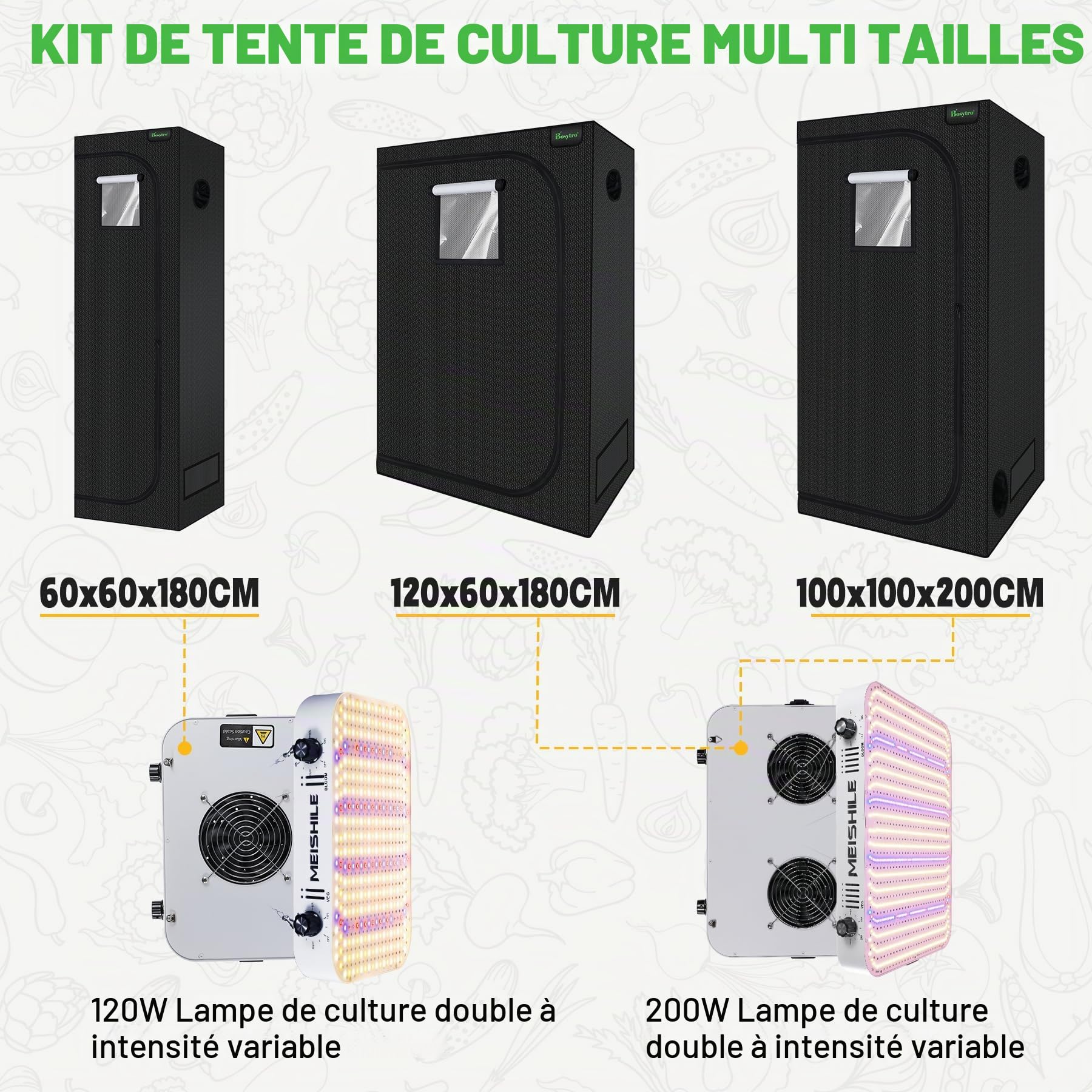 Kit Culture Indoor, 200W Dimmable Lampes De Croissance, Tente de Culture, Kit Complet de Tente de Culture hydroponique 600D avec Thermo-hygromètre et minuterie (100x100x200 cm)