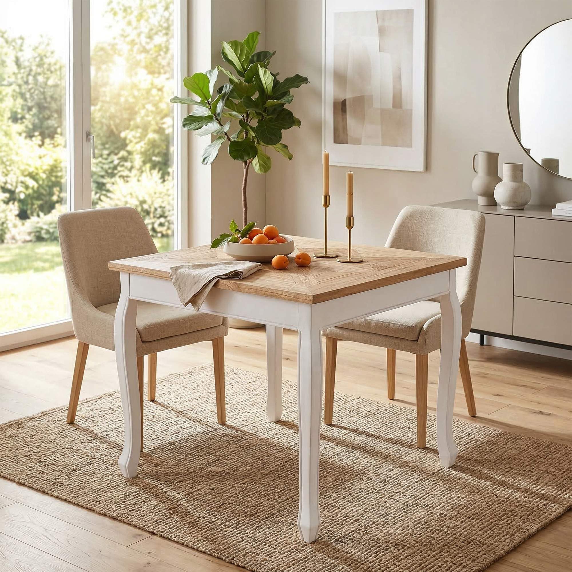 CLP Tavolo da pranzo quadrato 80 x 80 cm Lindon, tavolo da cucina stile country, piano quadrato in legno massello di olmo, gambe Shabby Chic | Colore natura/bianco
