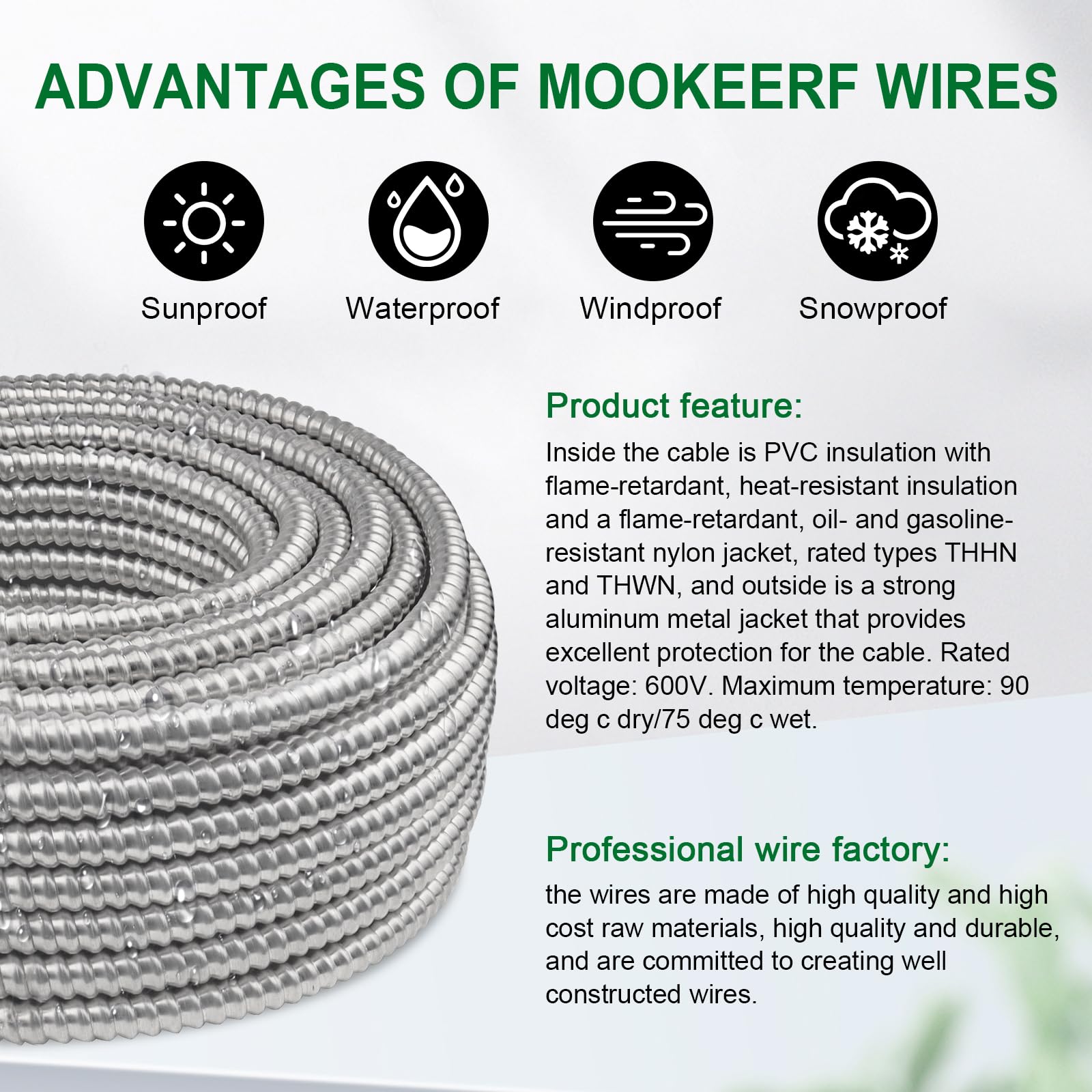 MOOKEERF Kabel MC 14/3 z uziemieniem, 250 m, czysta miedź 14AWG/3, platerowany metalem drut z aluminiowym pancerzem, 14 Gauge, 3-żyłowy, typ MC, kabel aluminiowy