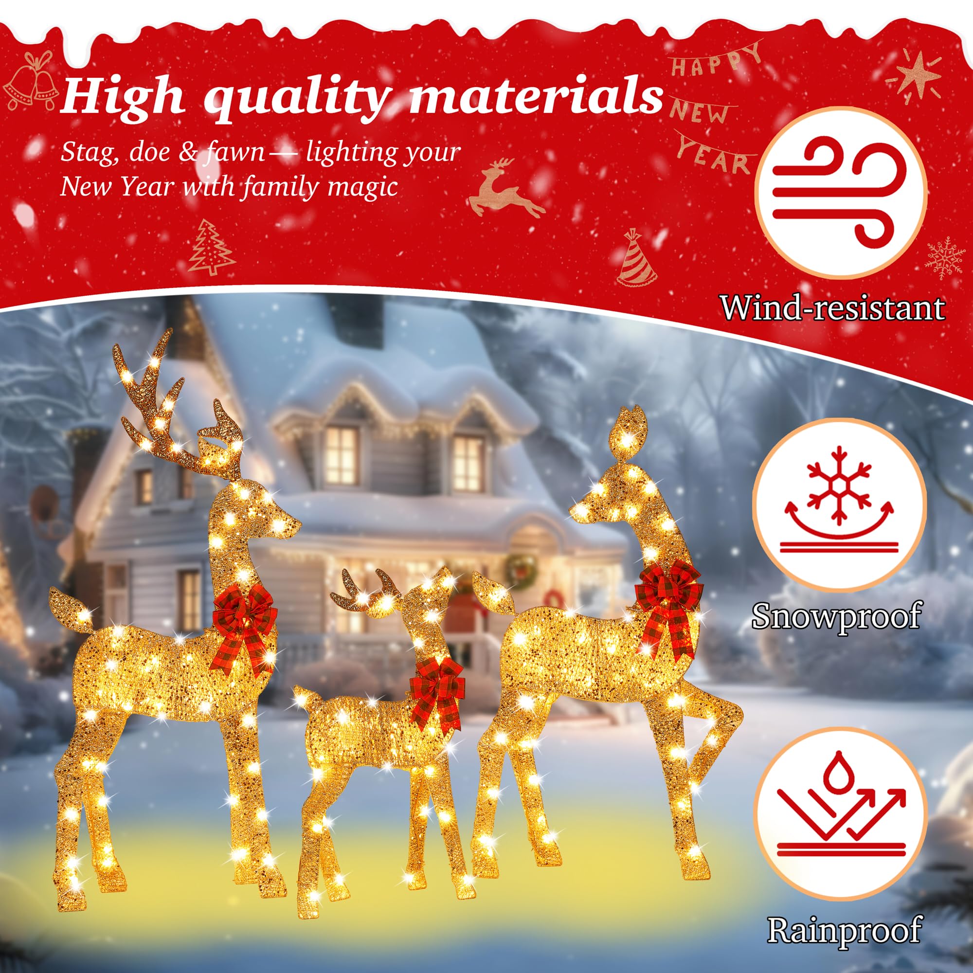 Decoraciones de ciervo de Navidad 2.5D con iluminación dorada de 48 pulgadas, juego de 3 piezas de decoración de reno para exteriores con 145 LED blancos cálidos, gran exhibición de patio para jardín