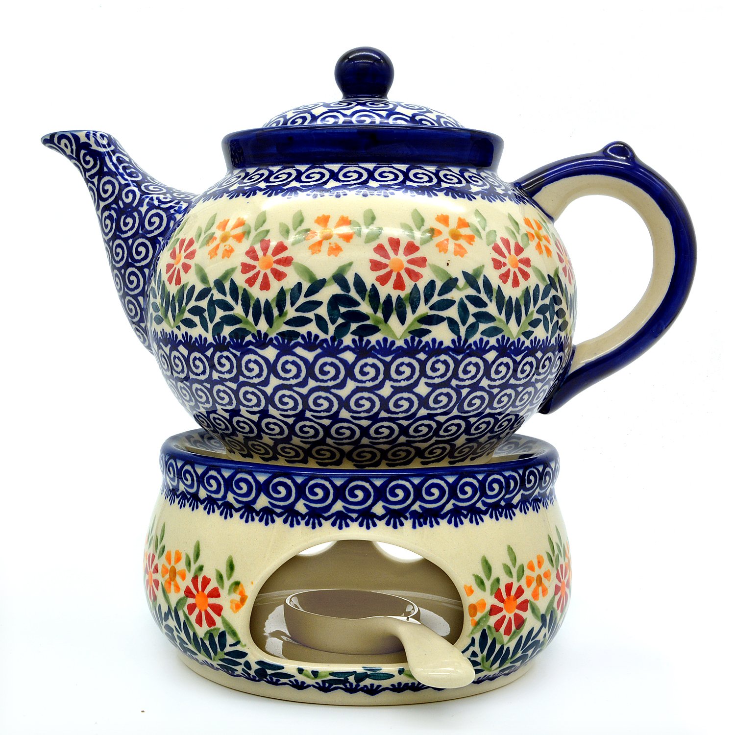 Bunzlauer ceramiczny dzbanek do herbaty z podgrzewaczem (dekoracja Adelheid)