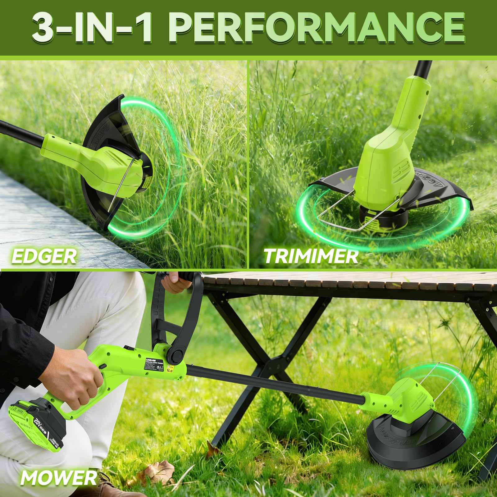 Weed Eater inalámbrico de 20 V con 9500 RPM, desmalezadora eléctrica de 12 pulgadas, recortadora de hilo inalámbrica 3 en 1, ligera, 3.5 libras, recortadora de césped con cabezal giratorio de 180°, 2