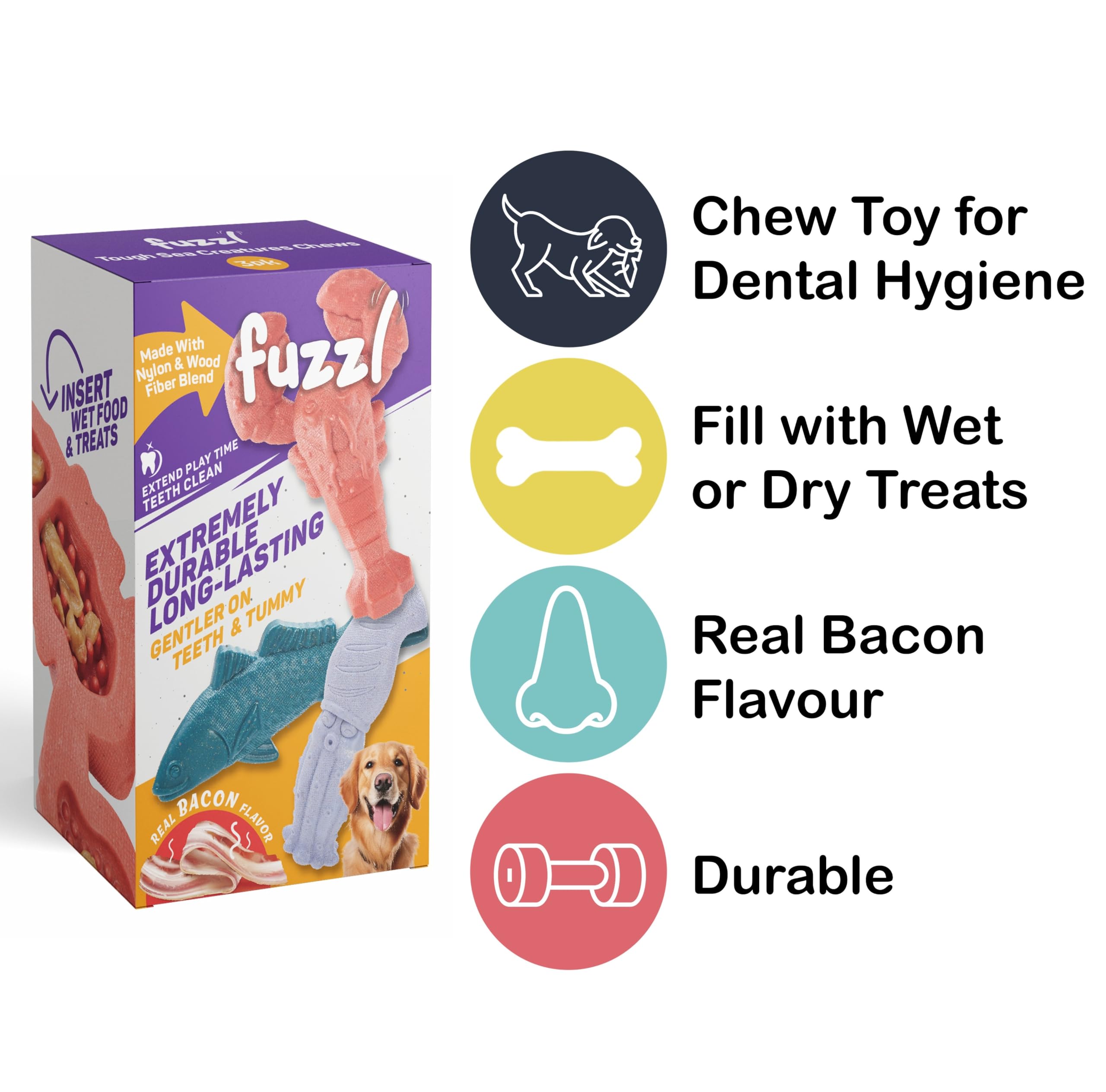 Fuzzl Tough Sea Creatures Treat Tough Dog Toy - Dog Treat Toys 3 Pack Including Lobster, Fish and Squid Durable Chew Play - Image 3