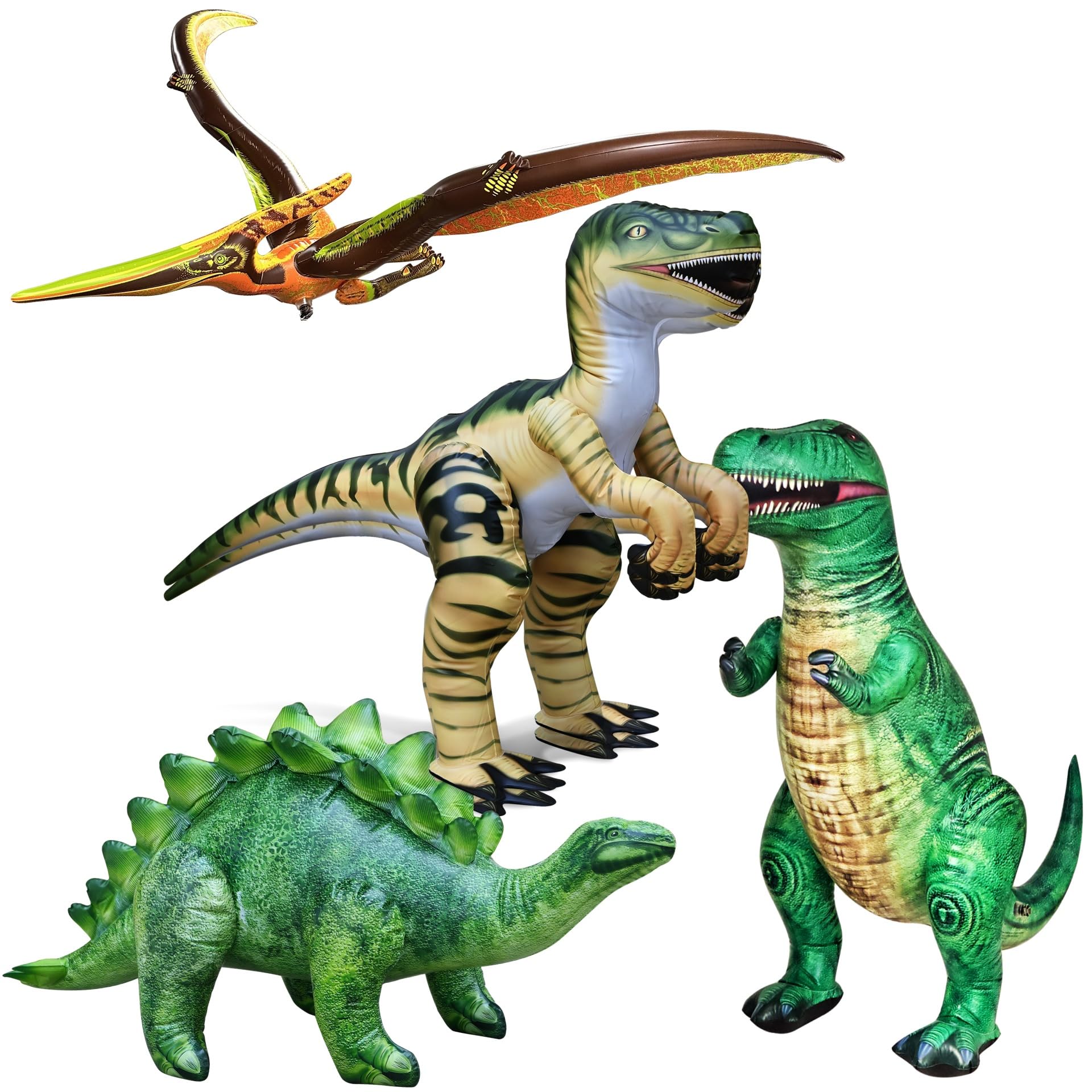 Sponsored Ad - 4pk T. Rex Stegosaurus Raptor Pteranodon Inflatable, 37-51” | Prehistoric Dinosaur Toys for Adults and Kids 3 Year and up | Blow up Birthday Party Favors, Decor, Pool, Gifts