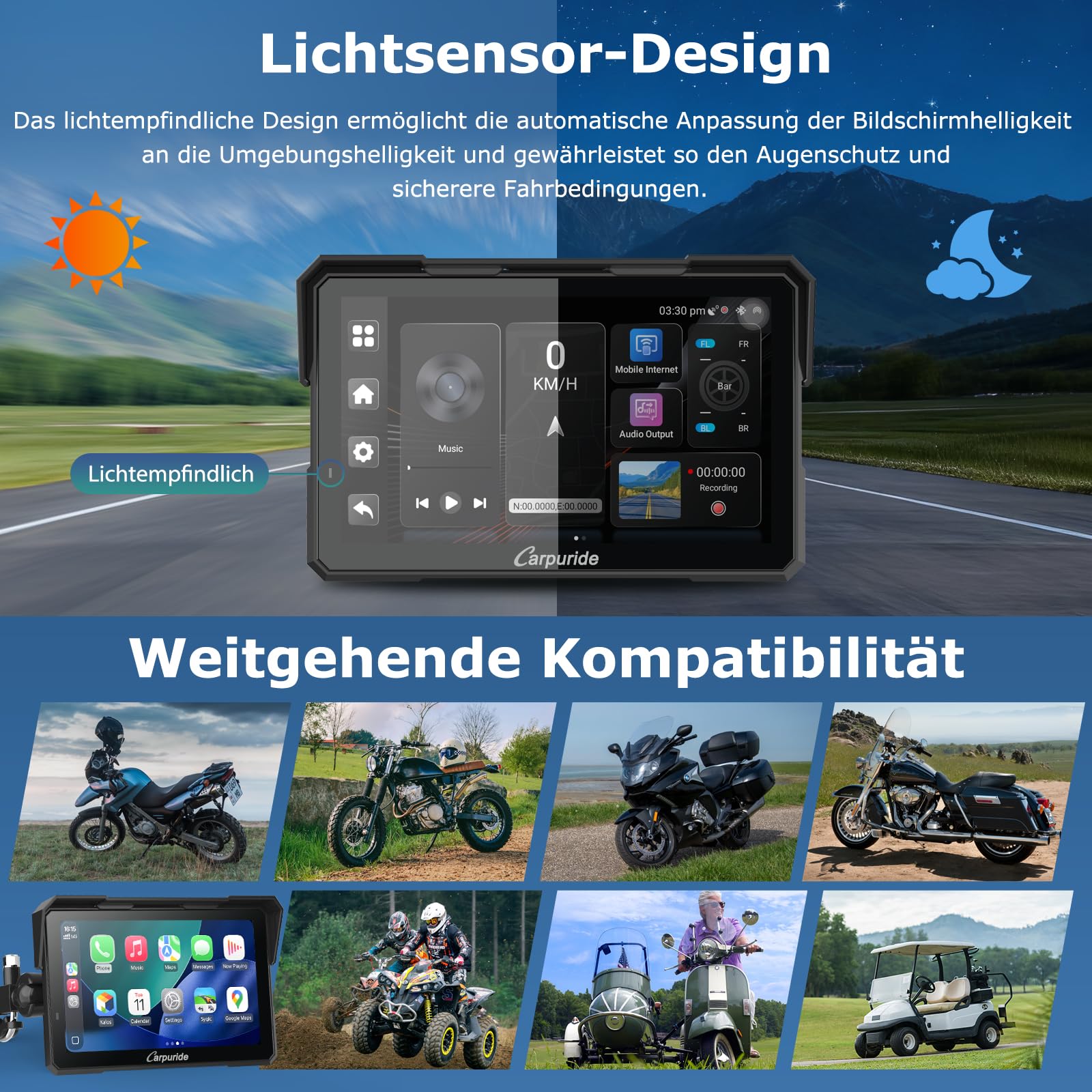Carpuride W702 Plus 8 Kern Android 14 Motorrad Carplay Bildschirm mit Dual Kameras, Kabellos CarPlay und Android Auto, 7" Wasserdichter Touchscreen, BT Audio, Loop-Aufnahme, Online/Offline Navigation.