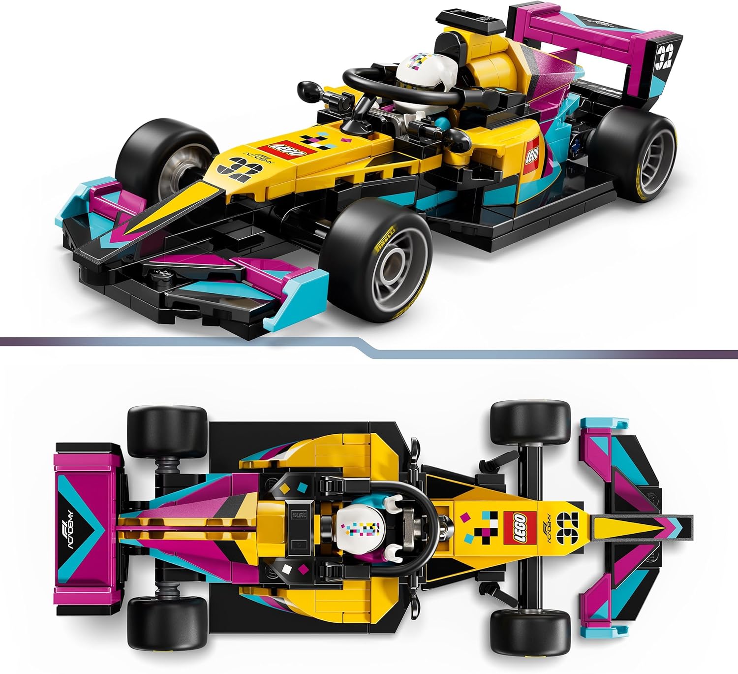 Top-down and angled view of the assembled LEGO F1 Academy Race Car (77258)