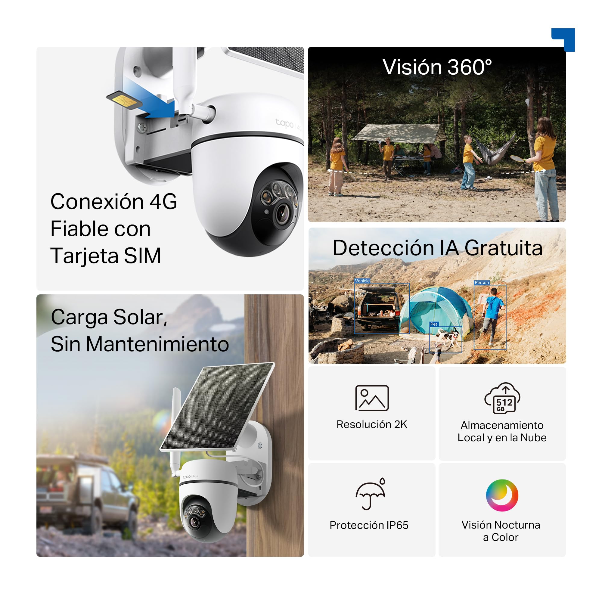 Tapo C615G Kit - Cámara vigilancia WiFi Exterior 360°, 4G y WiFi, 2K, Solar | Detección de Movimiento, Personas, Mascotas y Vehículos. Con Panel Solar. Alarma Luz y Sonido. App Tapo.