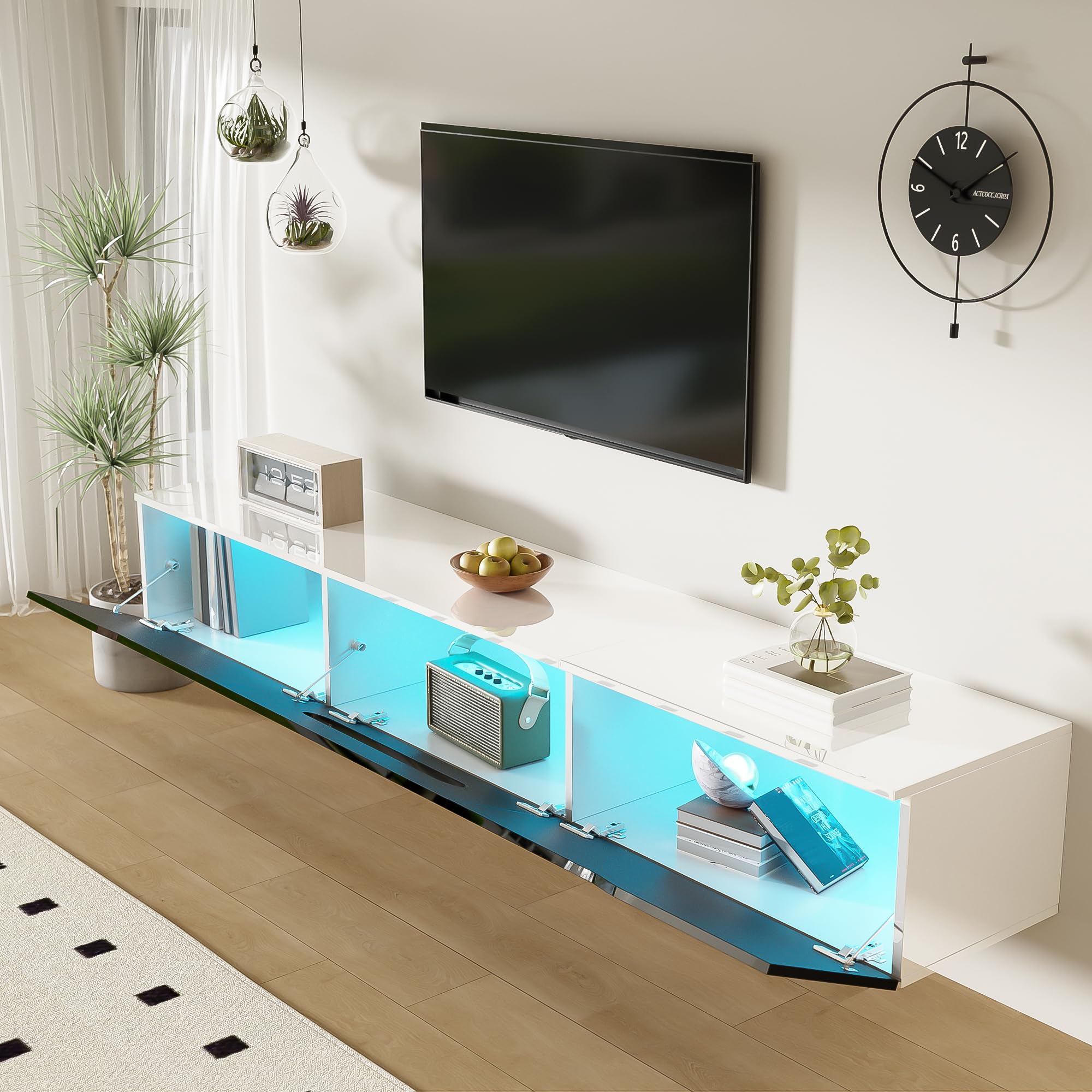 Mueble de TV con iluminación LED colgante y de pie, armario de TV para salón, tablero de fibra de densidad media y aglomerado, puertas en negro, 180 x 35 x 30 cm