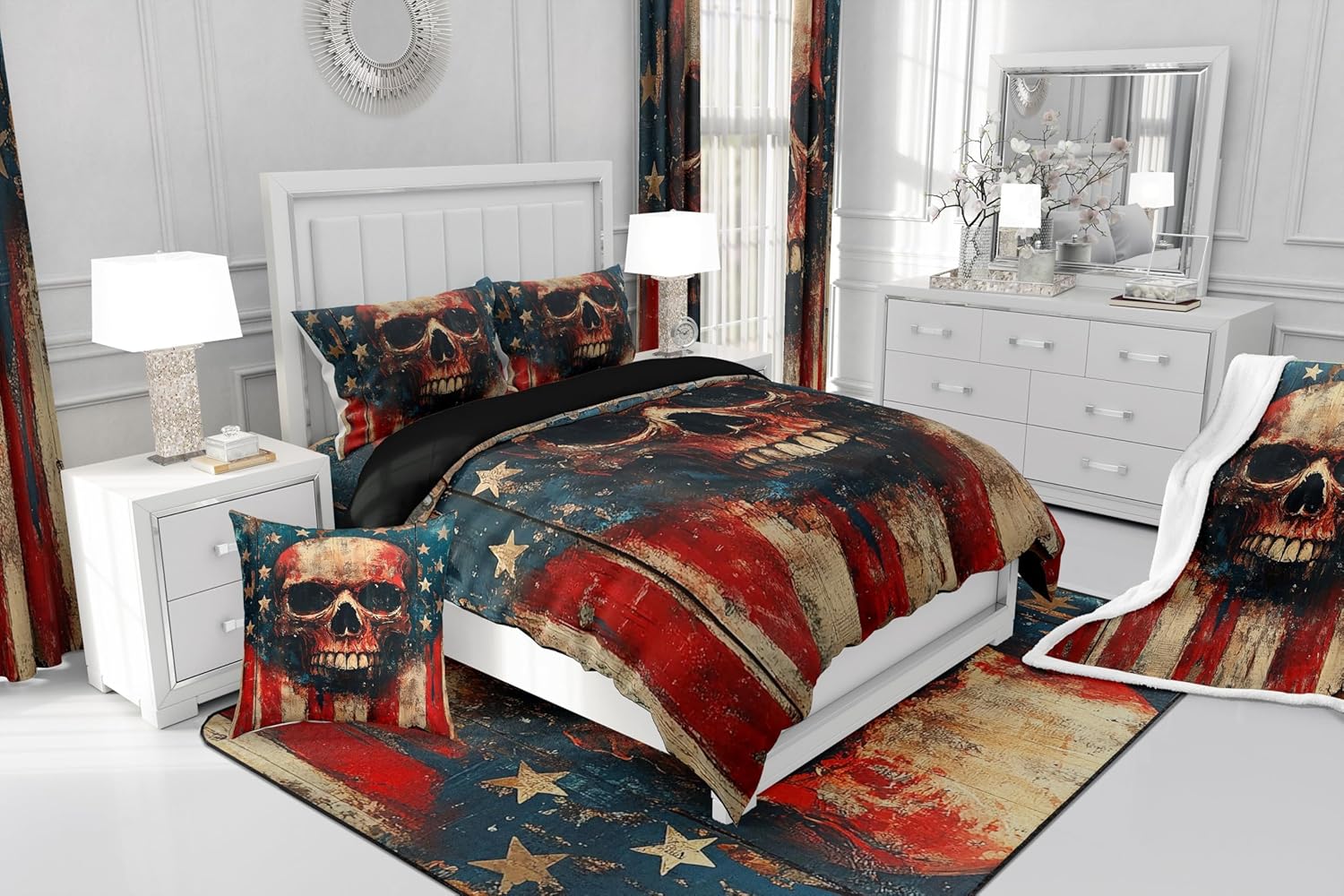 Manfei Gothic Skull Comforter Set Queen Size,Vintage American Flag Stars Stripes Graffiti Bedding Set 3 Pcs for Teens Adults,Mystic Skeleton Rustic Brown Wooden Plank Down Comforter,2 Pillowcases