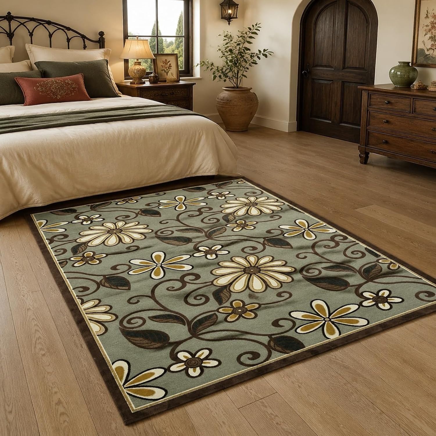 Tapis de salon grand format motif floral, Vert, 80x150 cm (rectangulaire)