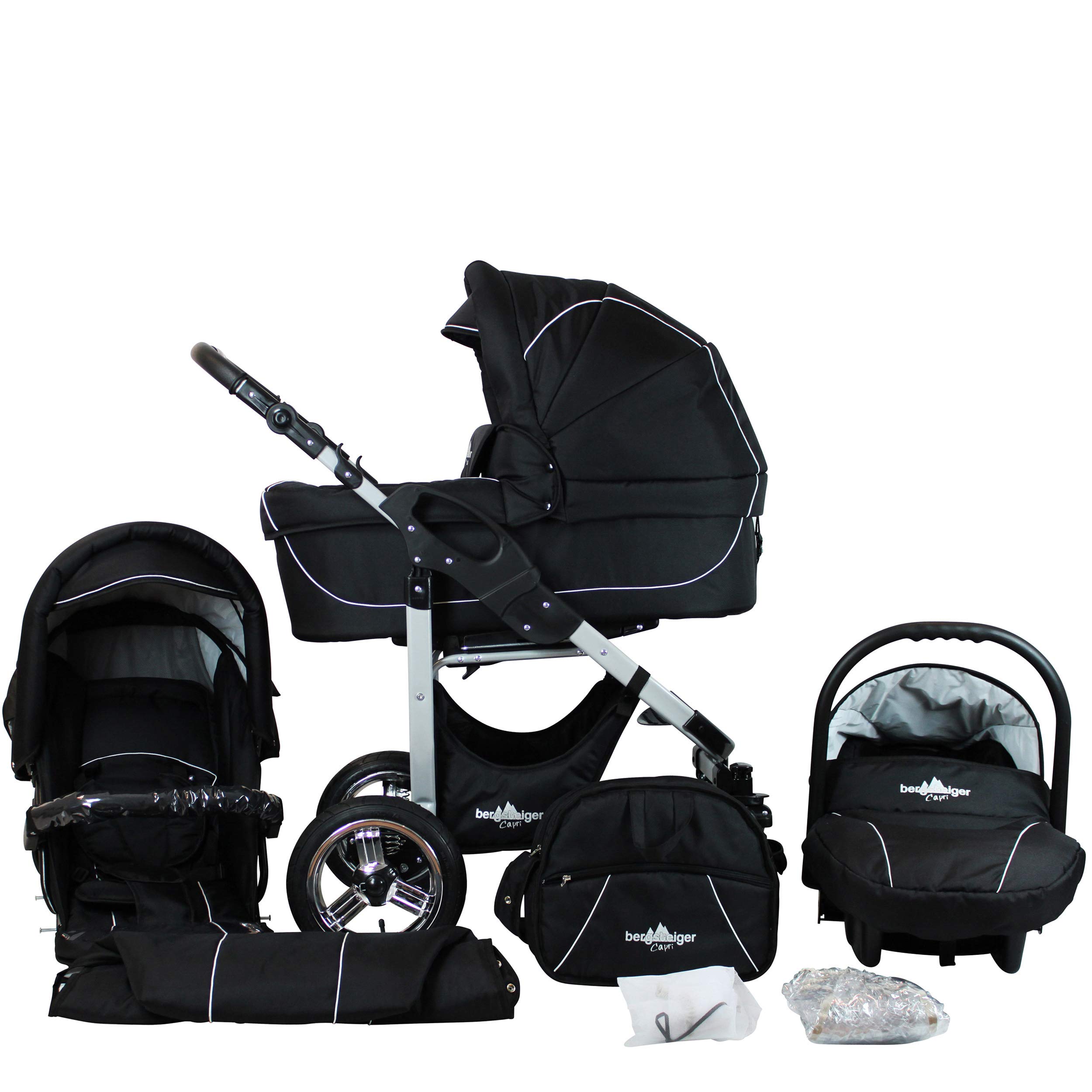 Bergsteiger Capri Kinderwagen 3 in 1 Kombikinderwagen Megaset 10 teilig inkl. Babyschale, Babywanne, Sportwagen und Zubehör