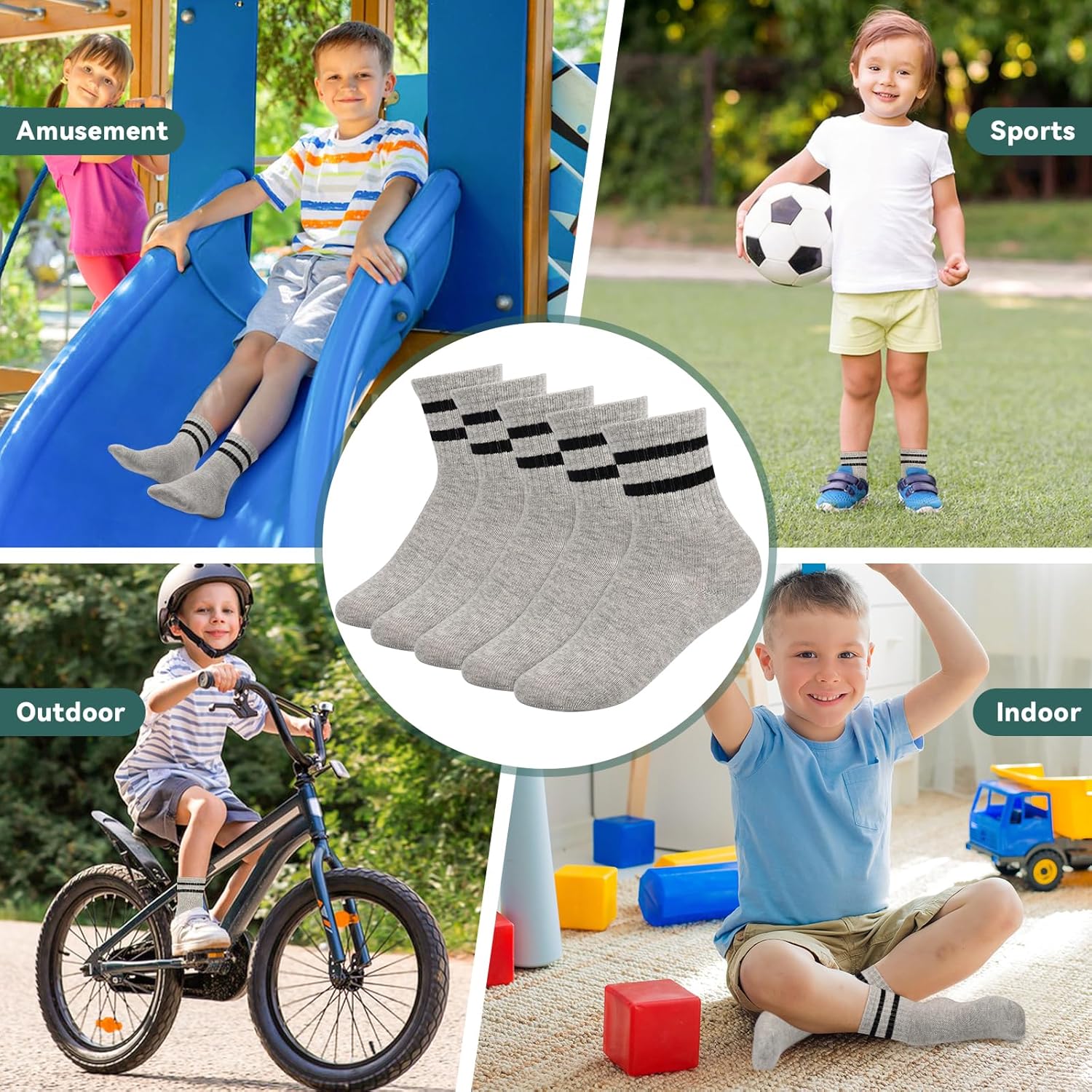 Boys Girls Seamless Stripe Socks, Cotton Athletic Crew Socks, 3-13 Years Black White Grey For Kids 5 -Pairs - Image 5