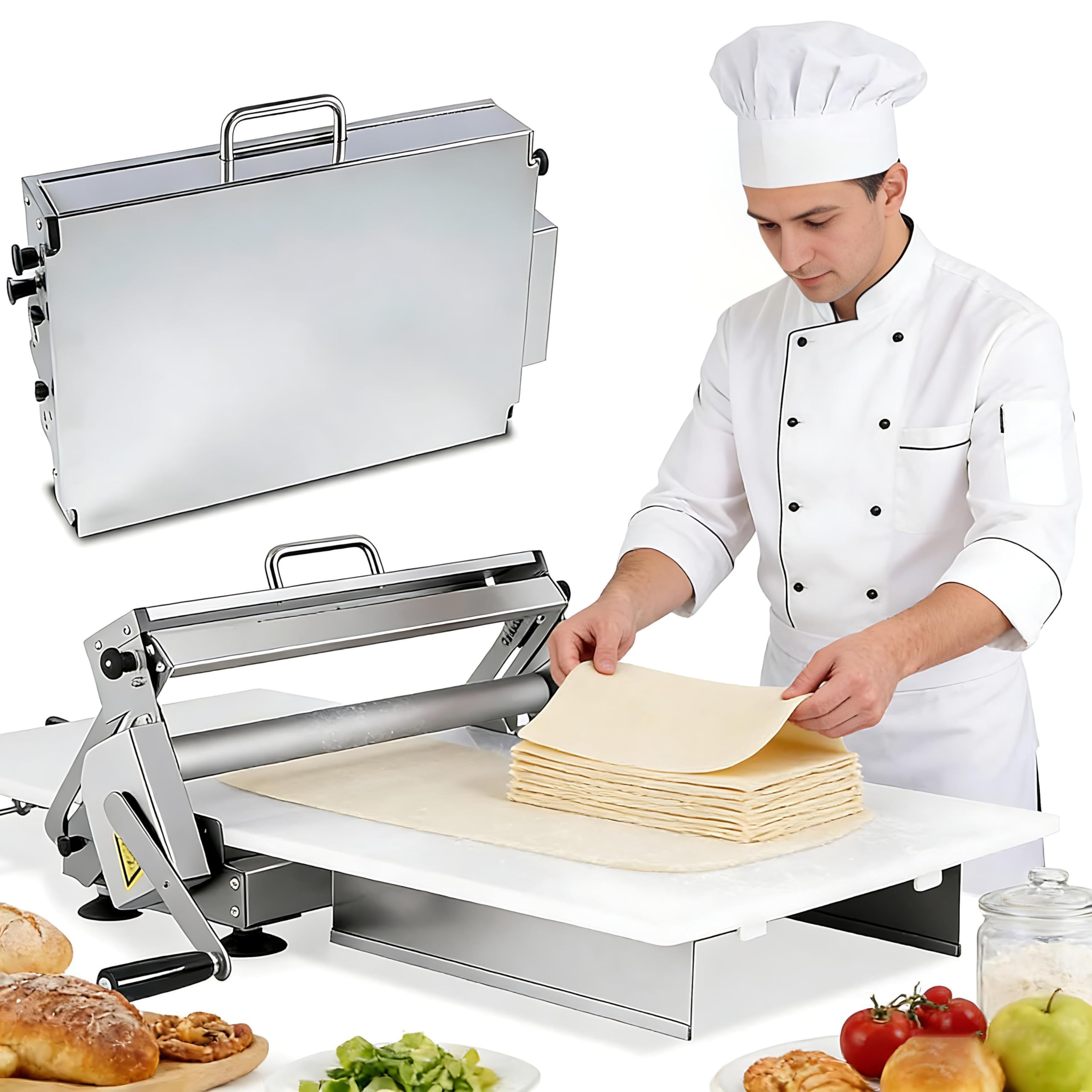 Sfogliatrice Manuale Pieghevole per Panetteria, Pizza e Croissant, Sfogliatrice per Pasticceria in Acciaio Inox, Spessore Regolabile da 0,2 a 25 mm, Uso Commerciale e Domestico B400