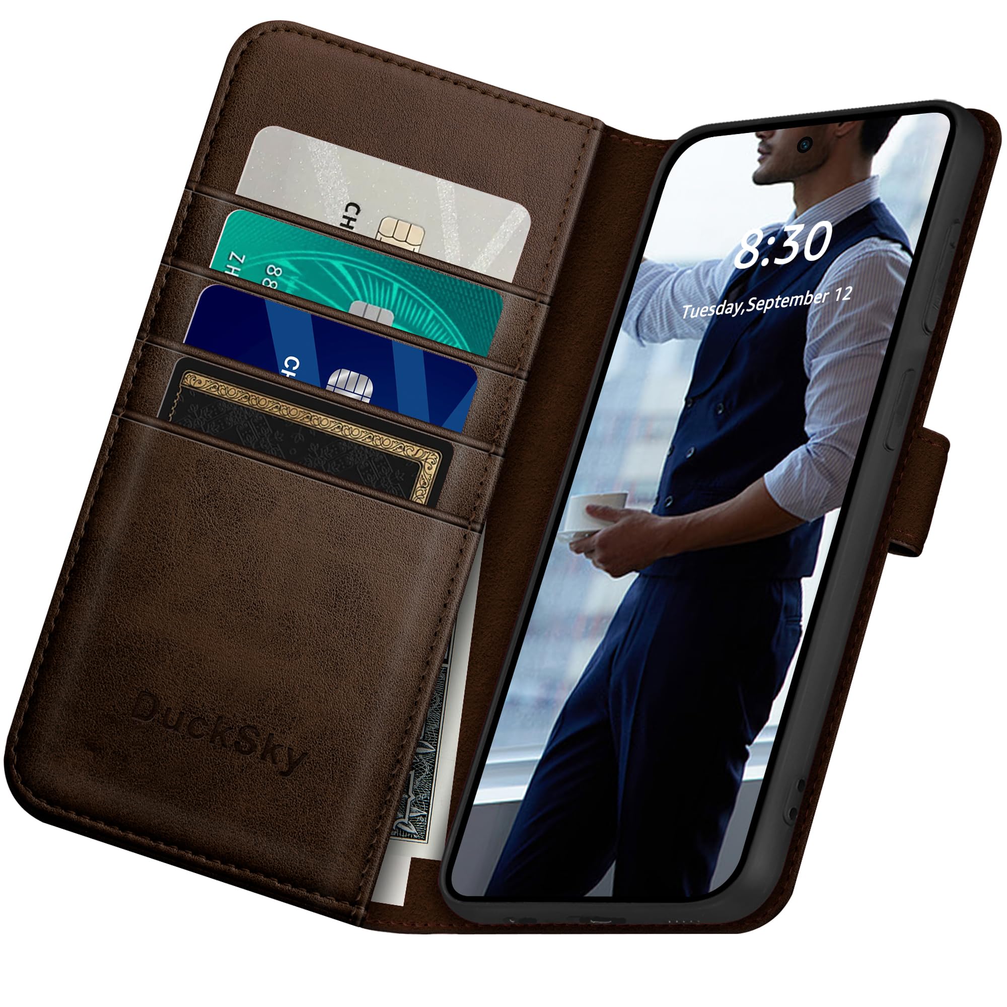 DuckSky Funda tipo cartera de piel auténtica compatible con Samsung Galaxy S25 Ultra, bloqueo RFID, 4 soportes para tarjetas de crédito, piel auténtica, funda tipo libro para mujeres y hombres, funda