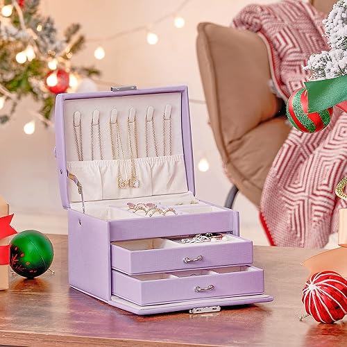 Miniatura 6 de BEWISHOME Joyero para niñas adolescentes, caja organizadora de joyas de 3 capas con cerradura, estuche de viaje de joyería para mujeres y niñas,