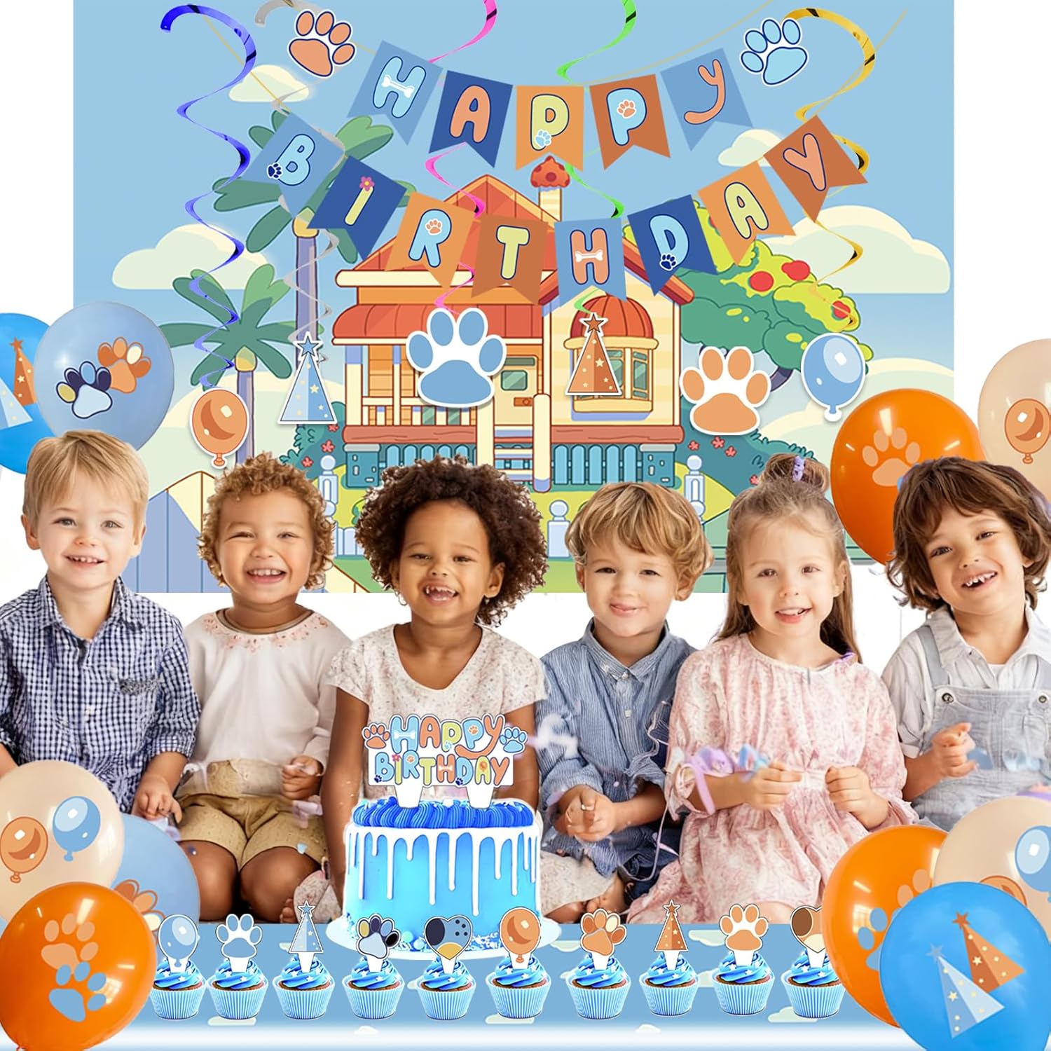 Blue Dog Birthday Decorations for 20 Guests - Blue Party Decorations, Plates and Napkins, Tablecloth, Balloons, Banner, Backdrop, Swirls, Cake Toppers, Fork & Paper Food Trays - Party Supplies