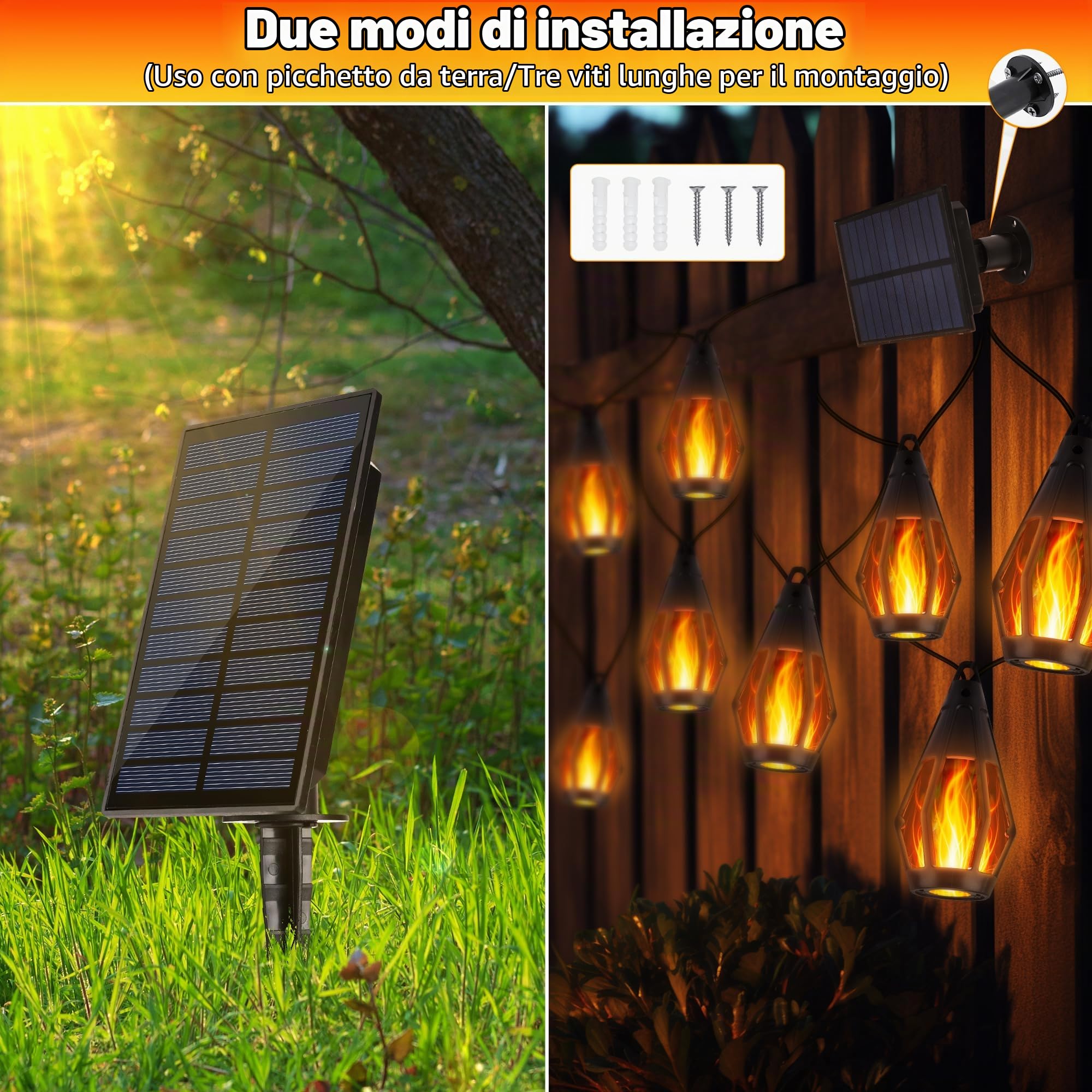 Joomer Catena Luminosa Esterno Solare, 12.3m 15LED Luci da Esterno Giardino, Luci Solari Esterno con Effetto Fiamma Tremolante Realistico IP65 Impermeabili per Gazebo Terrazzo Albero Festa | Catena di luci solari per esterni, con fiamma, resistente alle i
