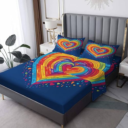H-7&-84 - Juego de sábanas con diseño de corazón, tamaño Queen, diseño de arcoíris, sábanas y fundas de almohada, 4 piezas, sábana bajera ajustable