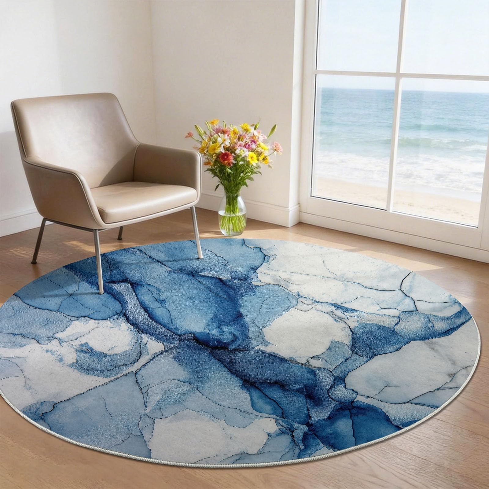 Générique Tappeto rotondo 150 cm, lavabile in lavatrice, tappeto antiscivolo a pelo basso, stile astratto, motivo effetto ombreggiato, inchiostro acquerello moderno, morbido, per camera degli ospiti