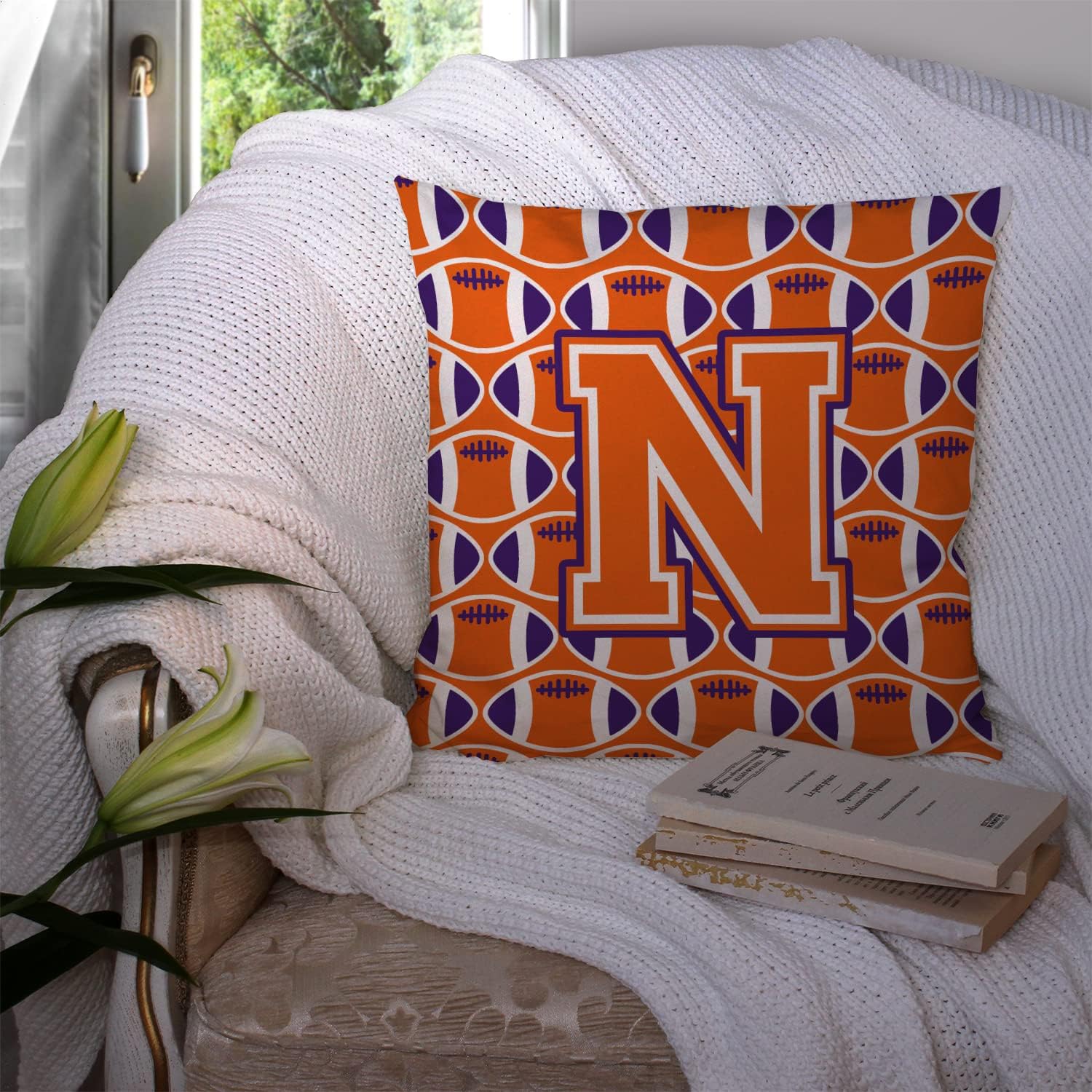 Caroline's Treasures CJ1072-NPW1414 Letter N Football Orange, White and Regalia Fabric Decorative Pillow 100% Machine Washable Pillow, Indoor or Outdoor Decorative Throw Pillow for Couch, Bed or Patio