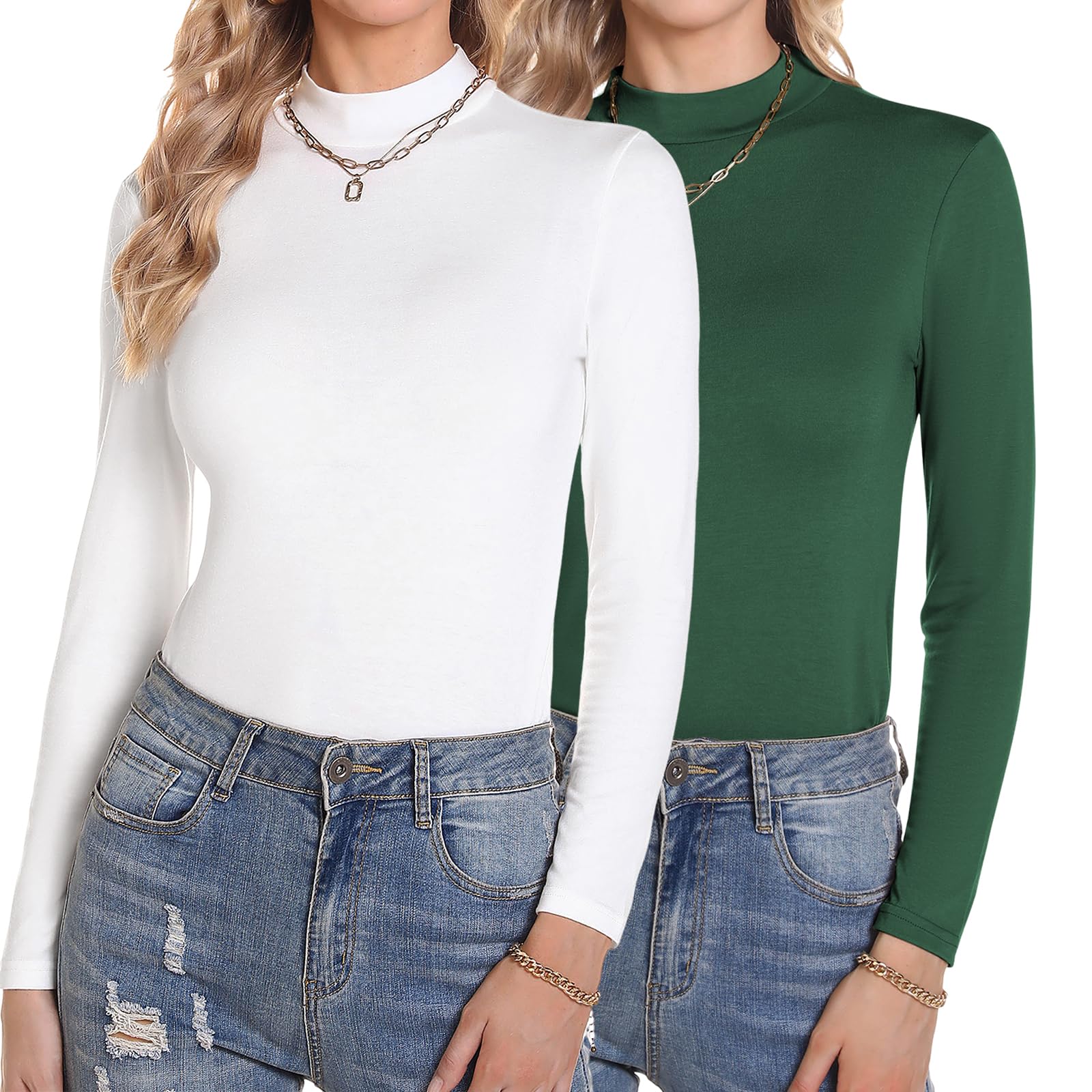 Aottori Damen 2 Pack Langarmshirt Set Stehkragen Rollkragenshirt Baumwolle Elegant Basic Oberteile Langarm Unterhemd Winter T-Shirt Stretch Tops