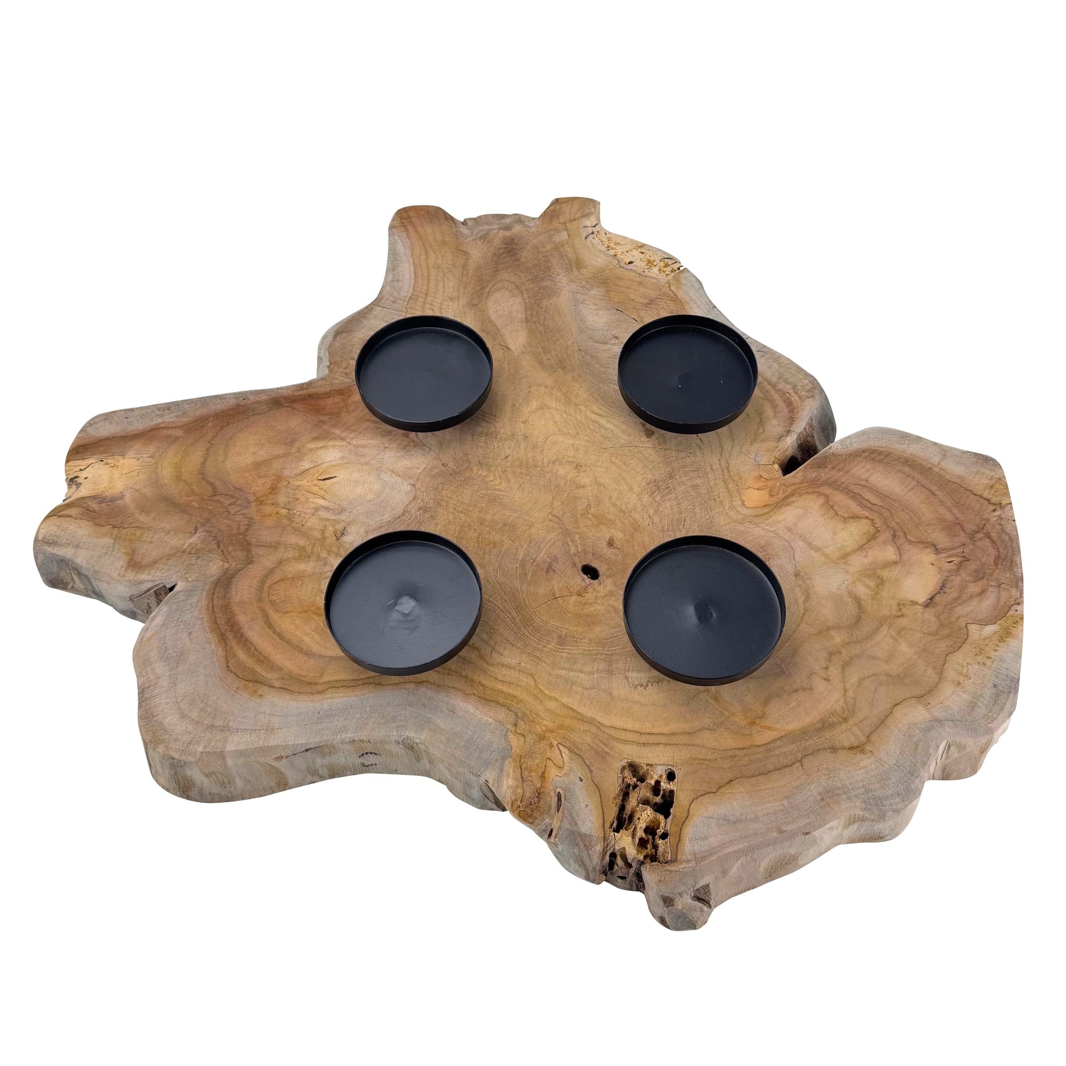 Adventskranz aus rustikalem Teakholz mit schwarzen Kerzenhaltern aus Metall für Stumpenkerzen - modern und natürlich für Ihre Weihnachtsdekoration