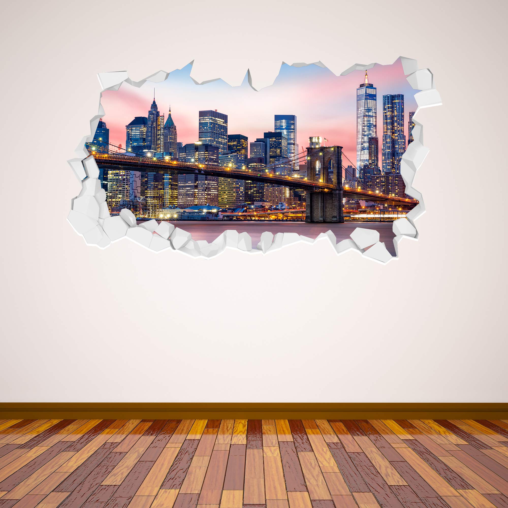 Brooklyn Bridge Manhattan Skyline Broken Wall Sticker New York Mural Home Art Vinyl Decal (120cm Width x 60cm Height)