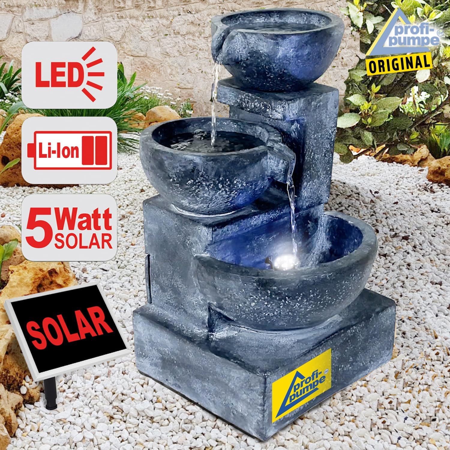 Fontana da giardino, fontana solare, GRANITSCHALEN-Kaskade con luce LED e batteria agli ioni di litio, cascata per il bagno degli uccelli decorazione da giardino con pompa giochi d'acqua per giardino