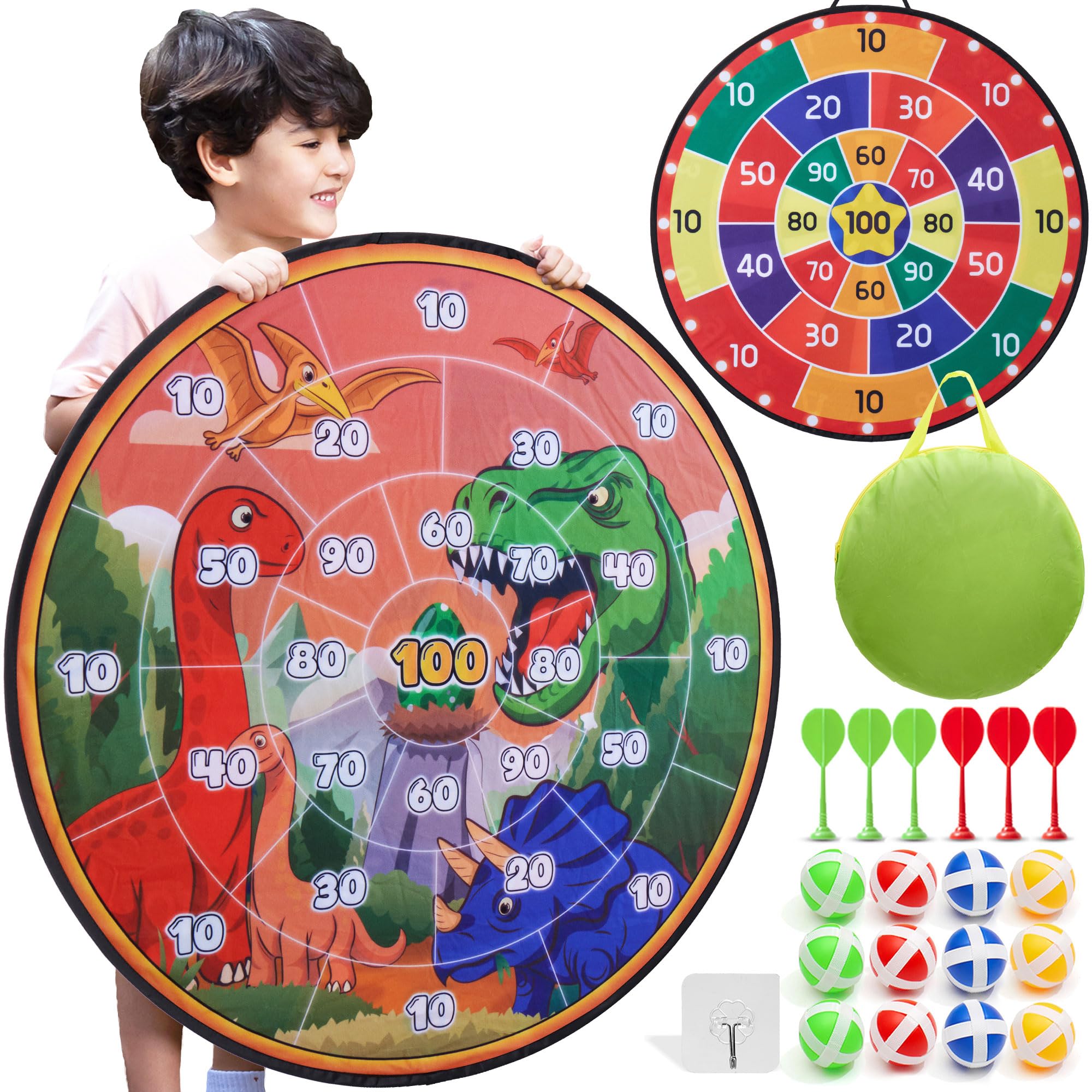 Cheerful Children Toys Jumbo Kids Dart Board Set XL or XXL, Large Velcro Dart Board with Reversible Designs, 16 Sticky Balls & 6 Darts - Indoor & Outdoor Garden Games for Ages 3-8 (Dinosaur-2, 100cm)