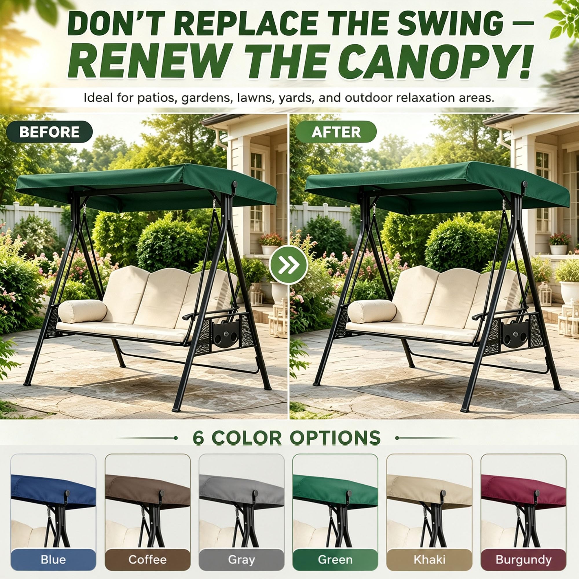 Telo Copri Altalena Esterno 2 3 Posti Impermeabile | Tessuto poliestere 600D, giardino terrazza, protezione sole pioggia, facile pulizia(Green,76.8 x 46.5 x 9.8 x 7.1in)