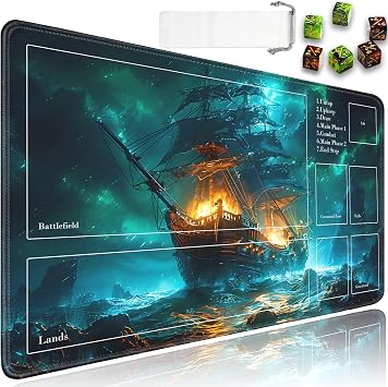 JVGFYNKL for TCG Playmat with Zones, 24x14 in Non-Slip Rubber for MTG Playmat with Drawstring Travel Pouch and 6 Dice, for MTG Mat, Pirate Ship in Storm Pattern Card Game Playmats