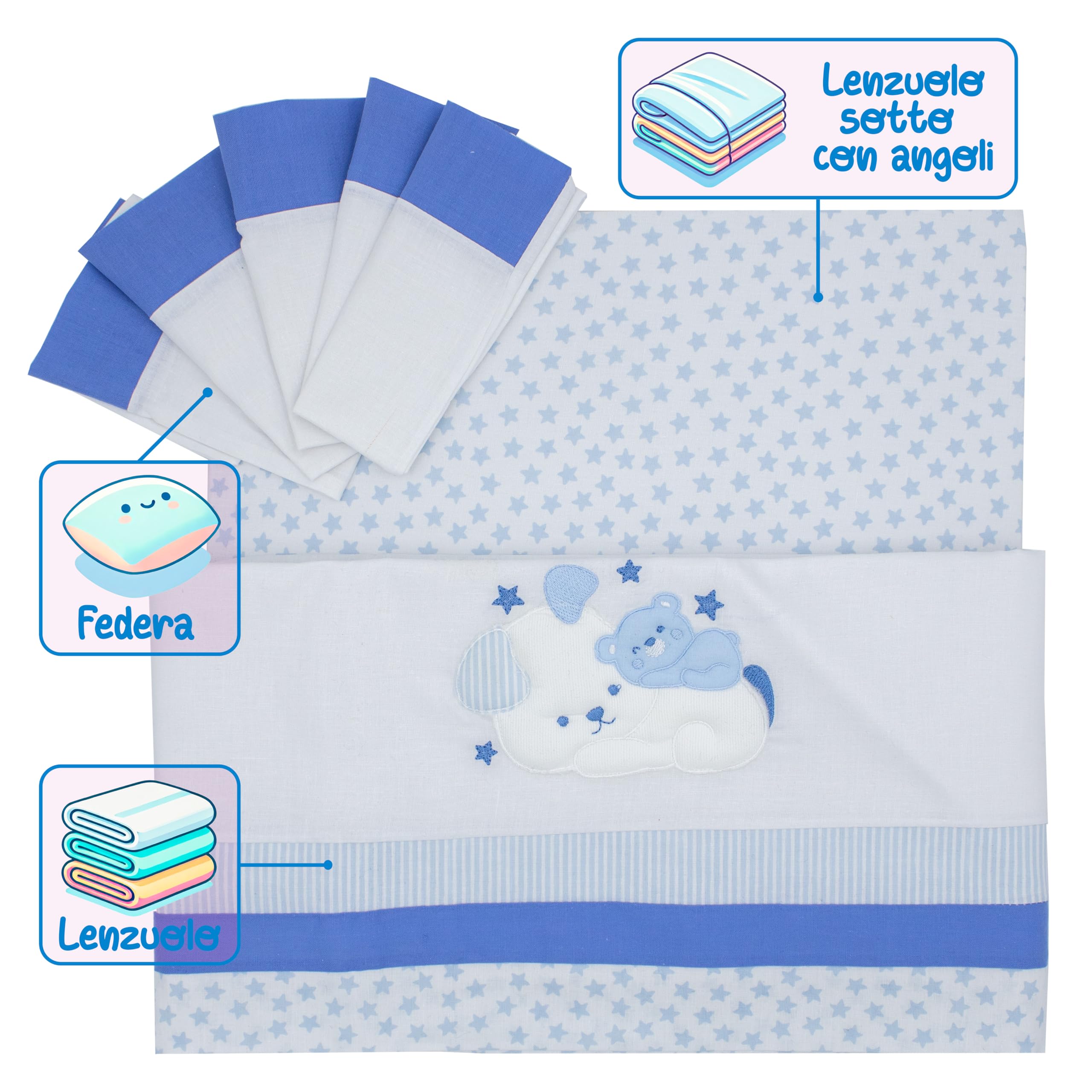 PASTELLO - Juego de cama de 3 piezas, 100% algodón para bebé, juego de sábanas con bordado (Art. LL7F, Cielo)