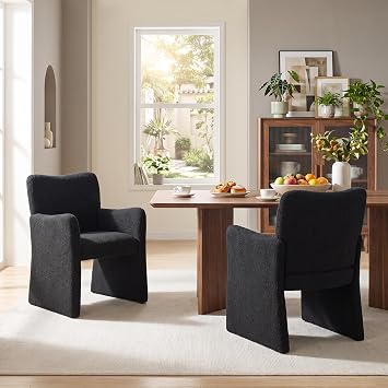 CIMOTA Boucle Dining Chairs Set of 2, Sherpa Upholstered Accent Chairs with Arms/Wood Legs, Comfortable Kitchen Chairs for Living/Reception/Dining Room, Black