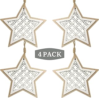 Wooden Star Christmas Tree Ornaments - Set of 4 - White Wooden Star Hanging Ornament - Rustic Farmhouse Xmas Decorations - Large 5.5" Laser Cut Wood Pendant - Set of 4