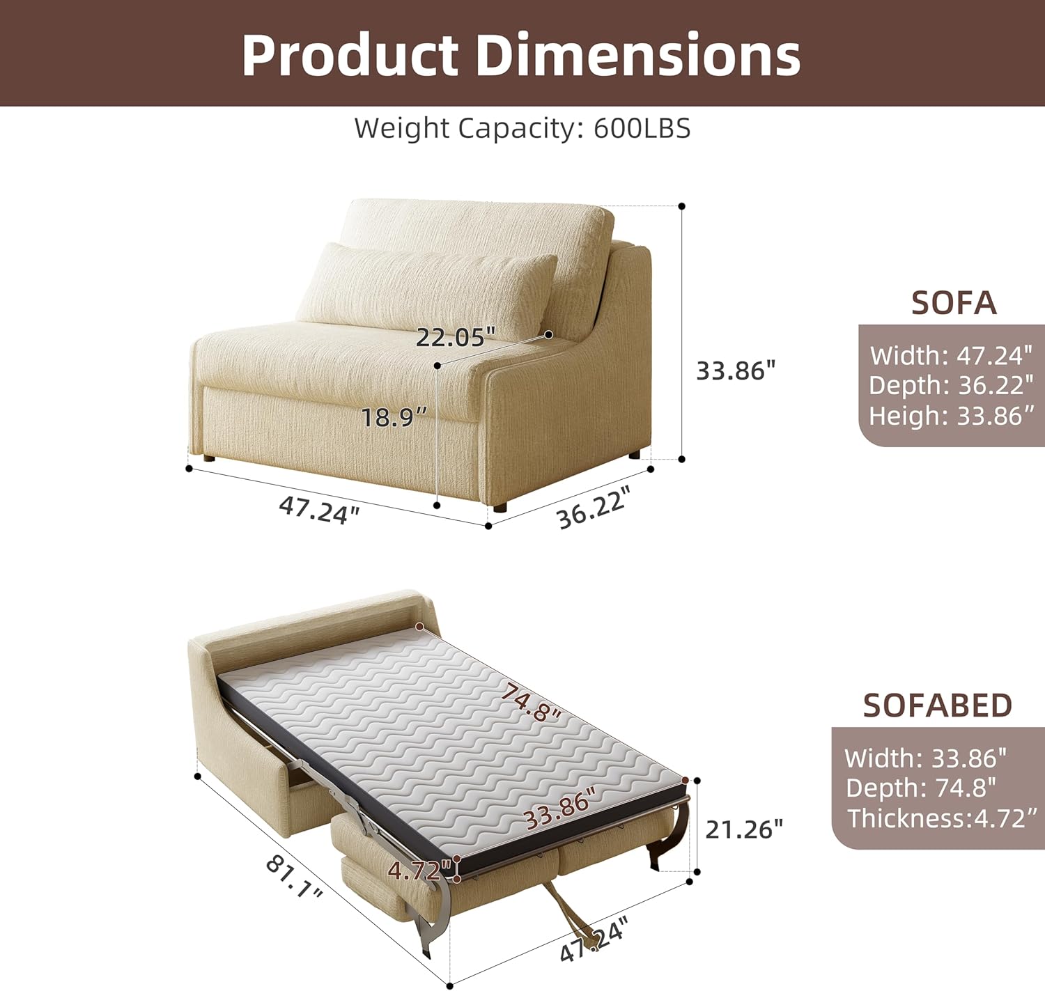 Pull Out Sofa Bed,Convertible Sleeper Sofa with 5" Mattress,Twin Size murphy Sofa Bed,Plush Chenille Upholstery,Daybed with trundle,RV Sofa Bed for guest,Small Spaces,Apartment(Beige, 47.24")