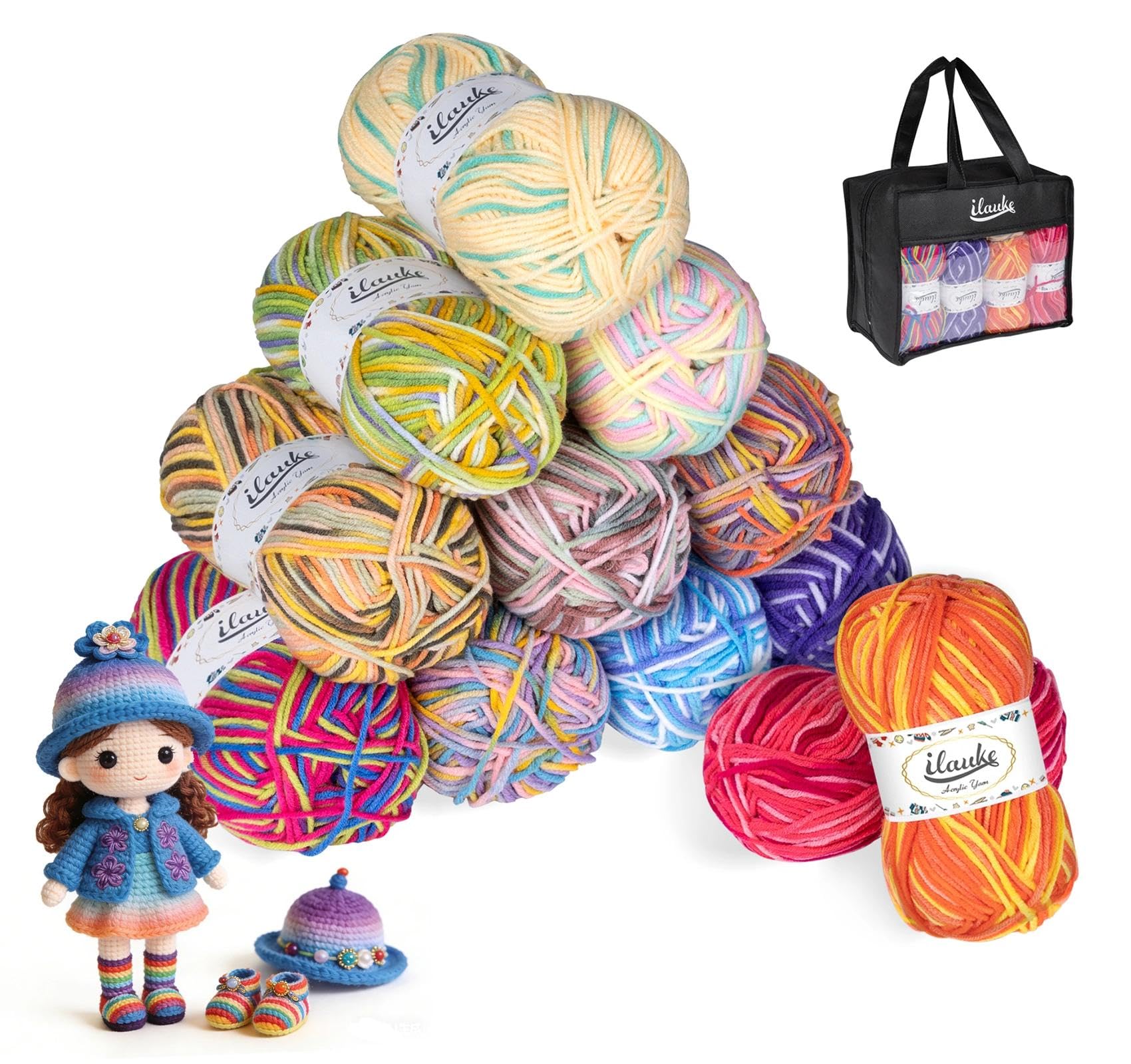 ilauke Knitting Yarn 12 Balls,Multicoloured Acrylic Yarn, Knitting and Crochet Yarn 50-gram Ball Soft and Warm, for Crochet, Weaving, DIY Craft Projects