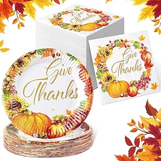 150 Pcs Thanksgiving Paper Plates and Napkins Guest Disposable Dinnerware Set Fall Autumn Pumpkin Napkins Dinner Plates Harvest Thanksgiving Party Supplies for 50 Guests (Give Thanks)