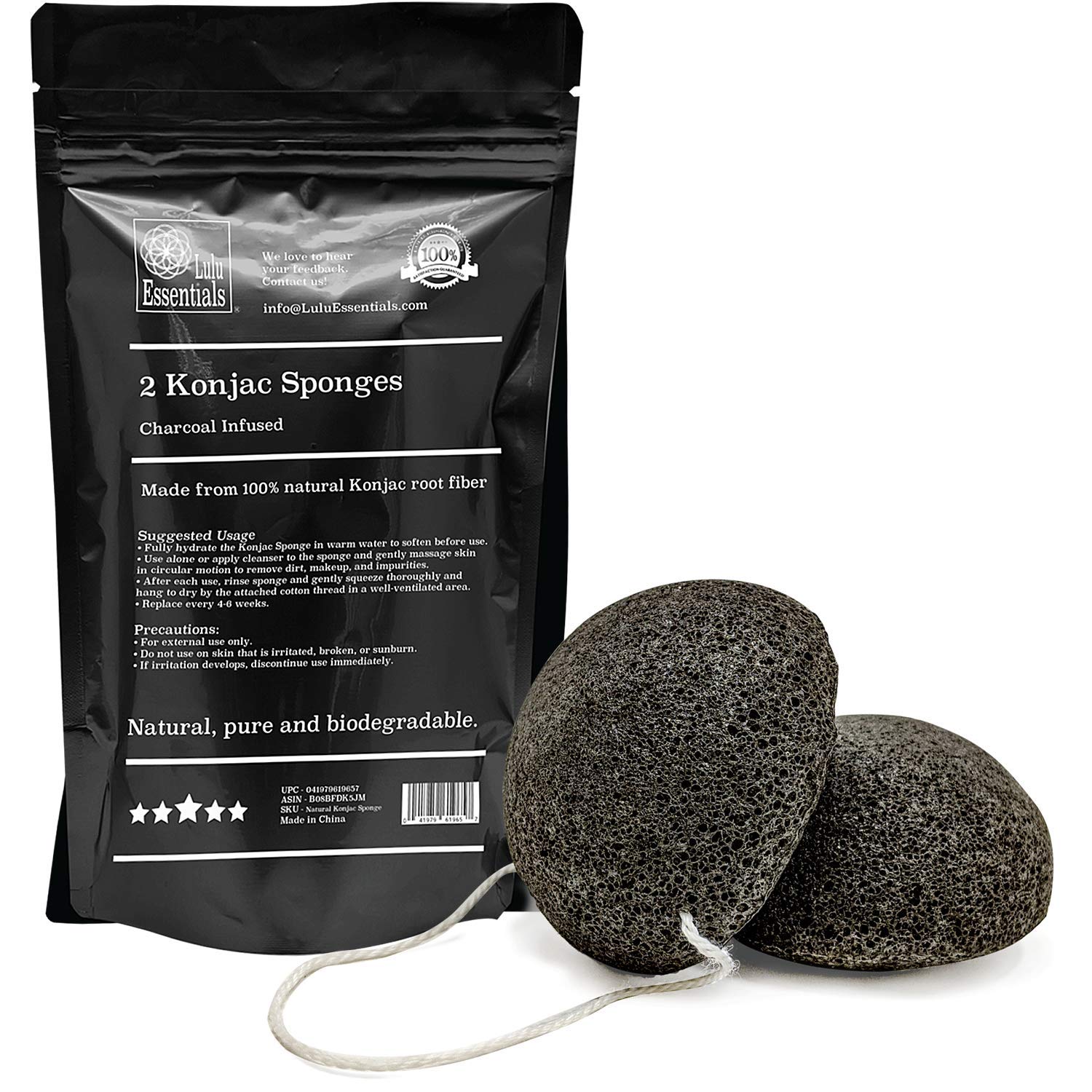 Lulu EssentialsLulu Essentials Activated Charcoal Infused Konjac Facial Sponge |2 Pack| Gentle Natural Face Cleanser and Exfoliator.