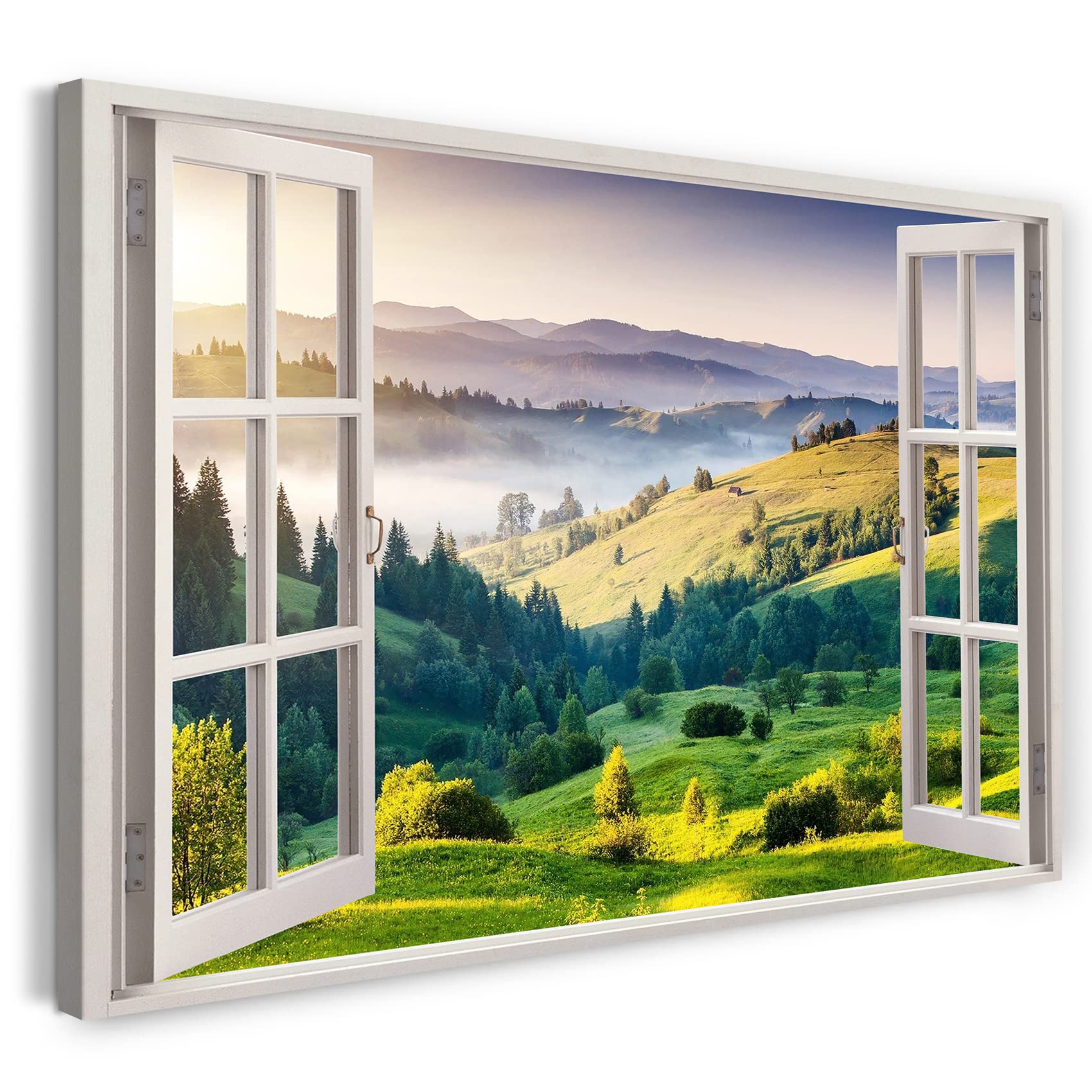 Print on Canvas (100x70 cm) view from the window - hilly landscape summer fog dawn - nature photography, real wood frame with hook
