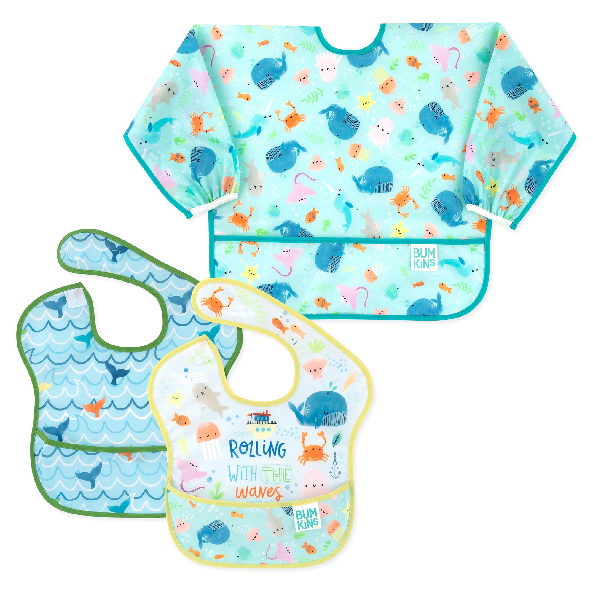 Bumkins SuperBibs Lätzchen mit Ärmeln, für Jungen und Mädchen, Babys und Kleinkinder von 6–24 Monaten, leicht, langlebig, wasserdicht, mit Fangtasche, waschbar und maschinenwaschbar, Ocean Life