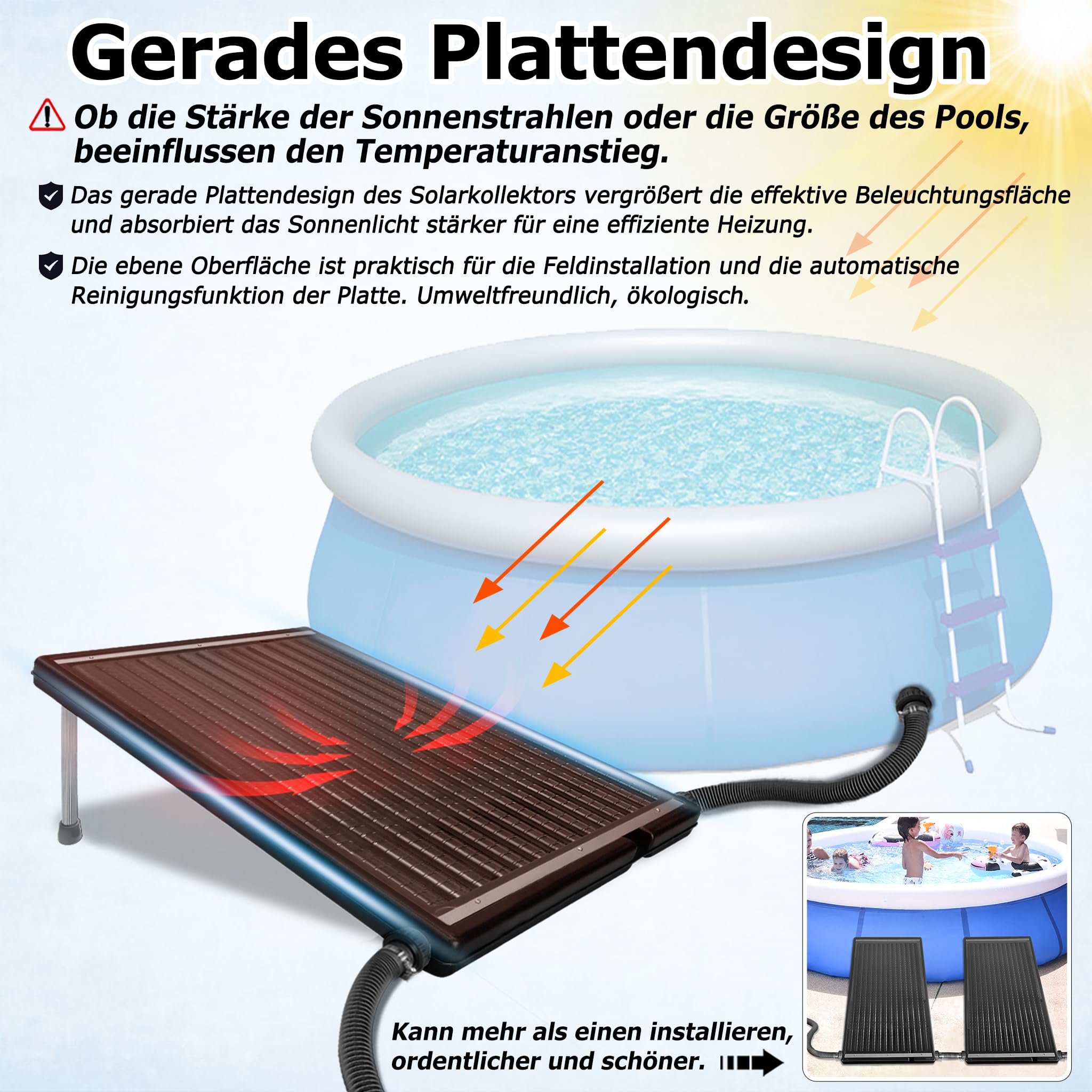 NAIZY Ogrzewanie basenowe, kolektor słoneczny 111 x 66 x 6 cm, system ciepłej wody z drążkiem podporowym i przyłączem Ø 5 cm, ogrzewanie solarne do basenów zewnętrznych